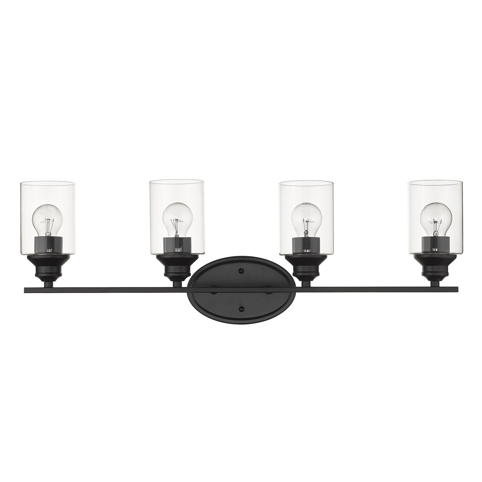 A from view of a Four bulb matte black wall sconce with clear cylindrical glass shades and oval backplate