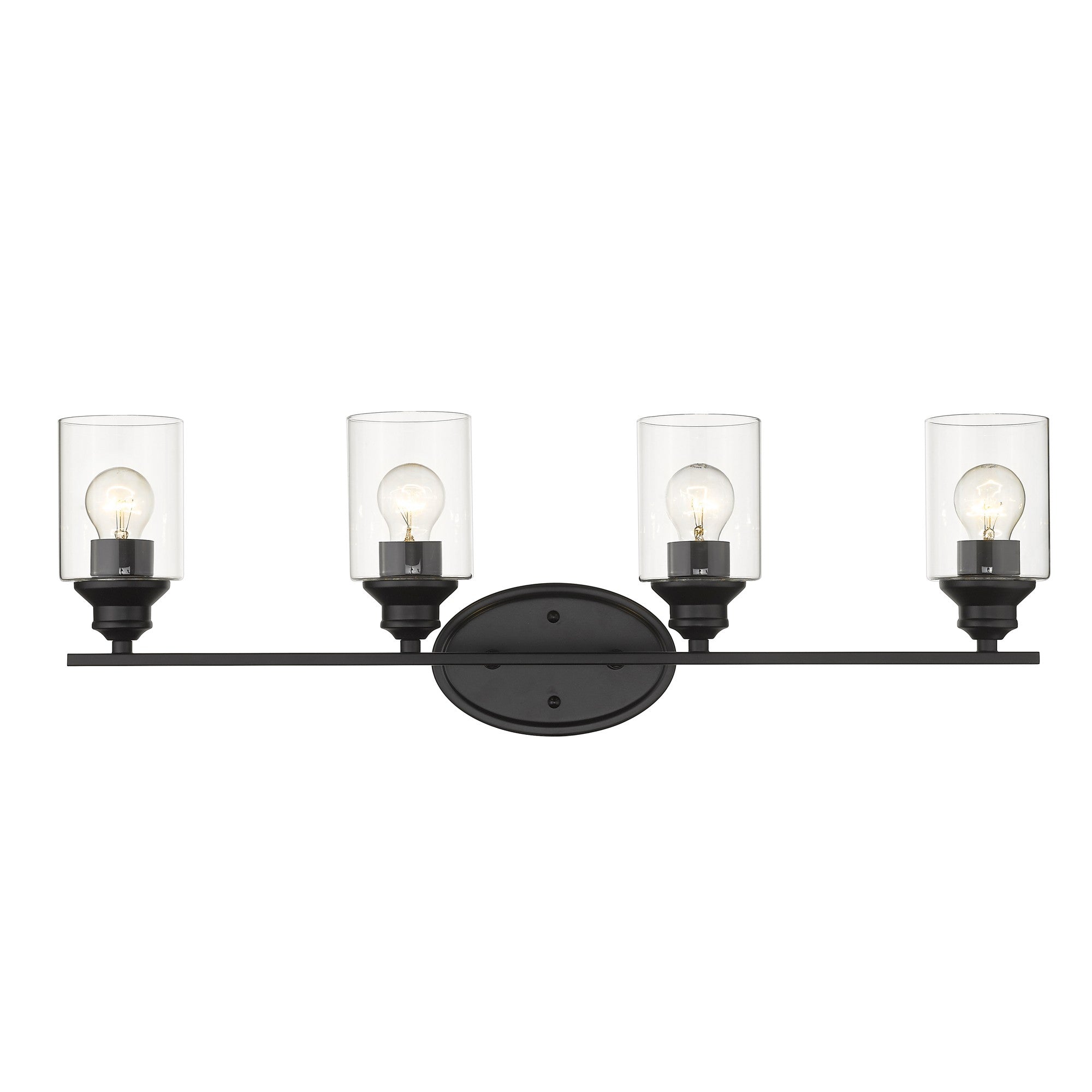 A front view of a lighted Four bulb matte black wall sconce with clear cylindrical glass shades and oval backplate