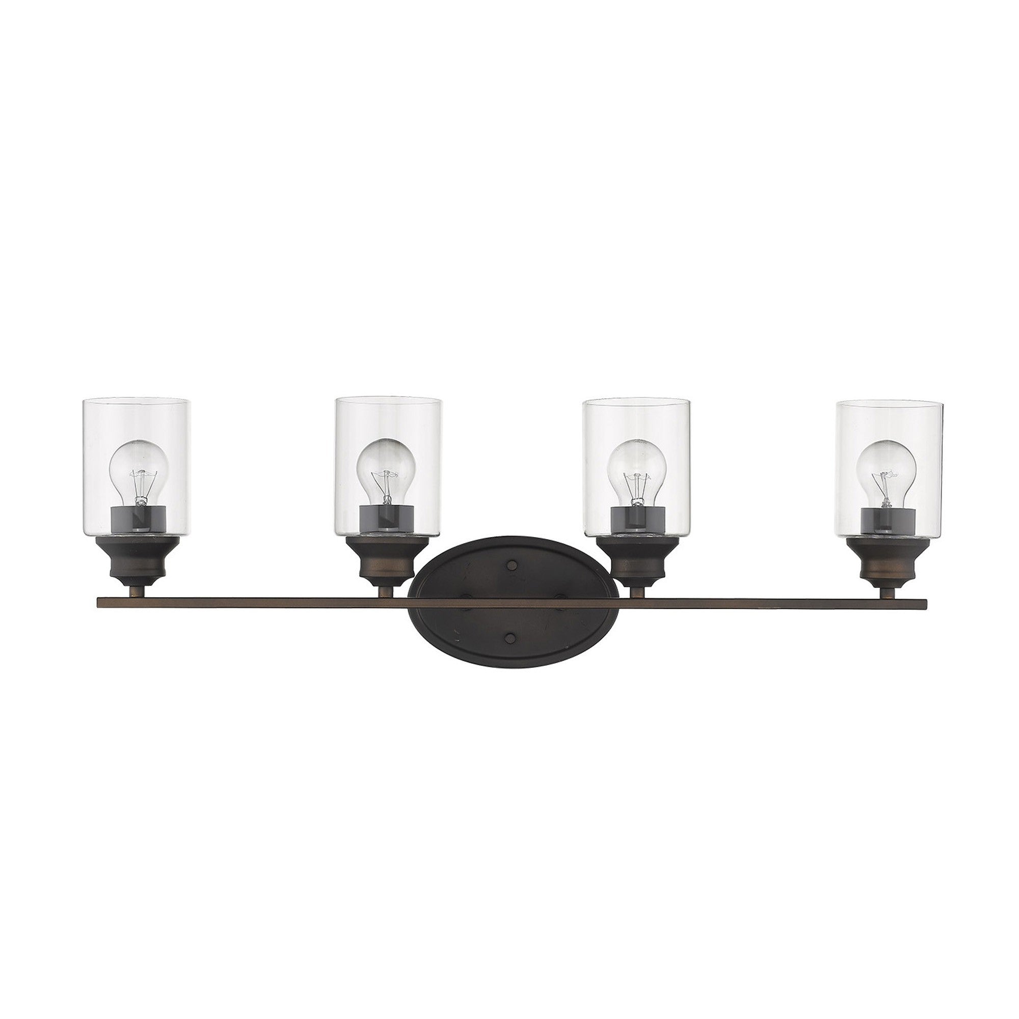 A front view of a Four bulb bronze wall sconce with clear cylindrical glass shades and oval backplate