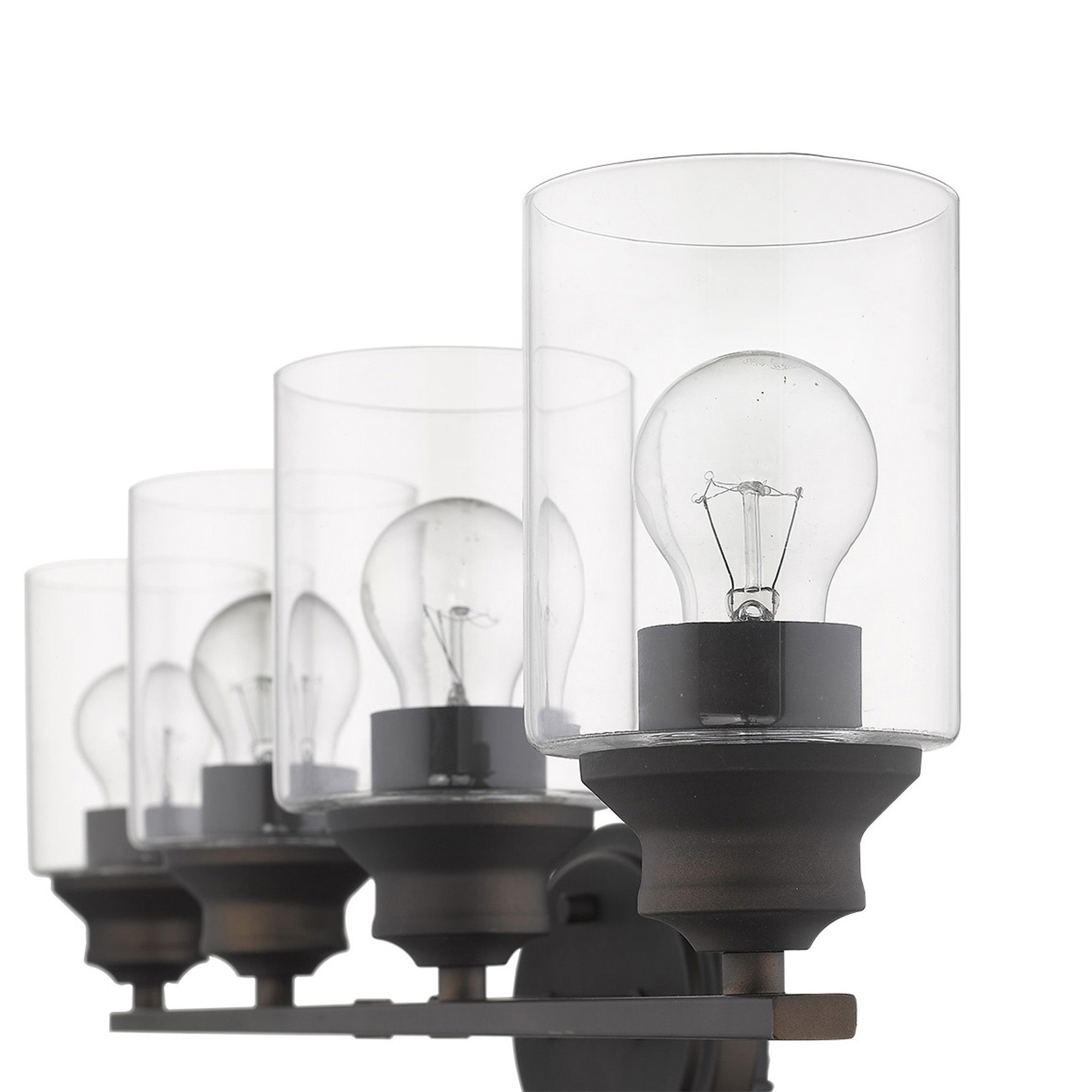 An angled view of a Four bulb bronze wall sconce with clear cylindrical glass shades and oval backplate