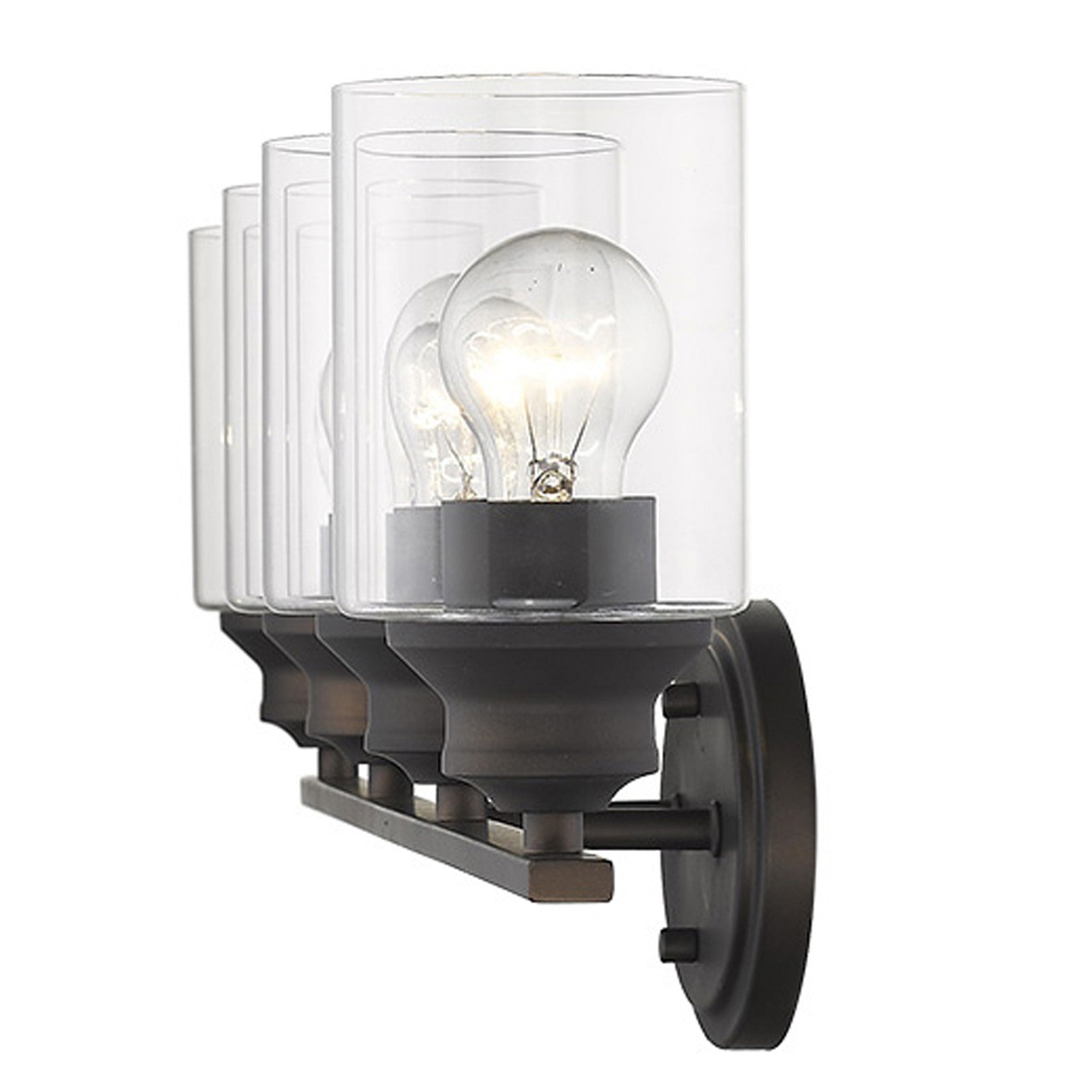 An angled view of a lighted Four bulb bronze wall sconce with clear cylindrical glass shades and oval backplate