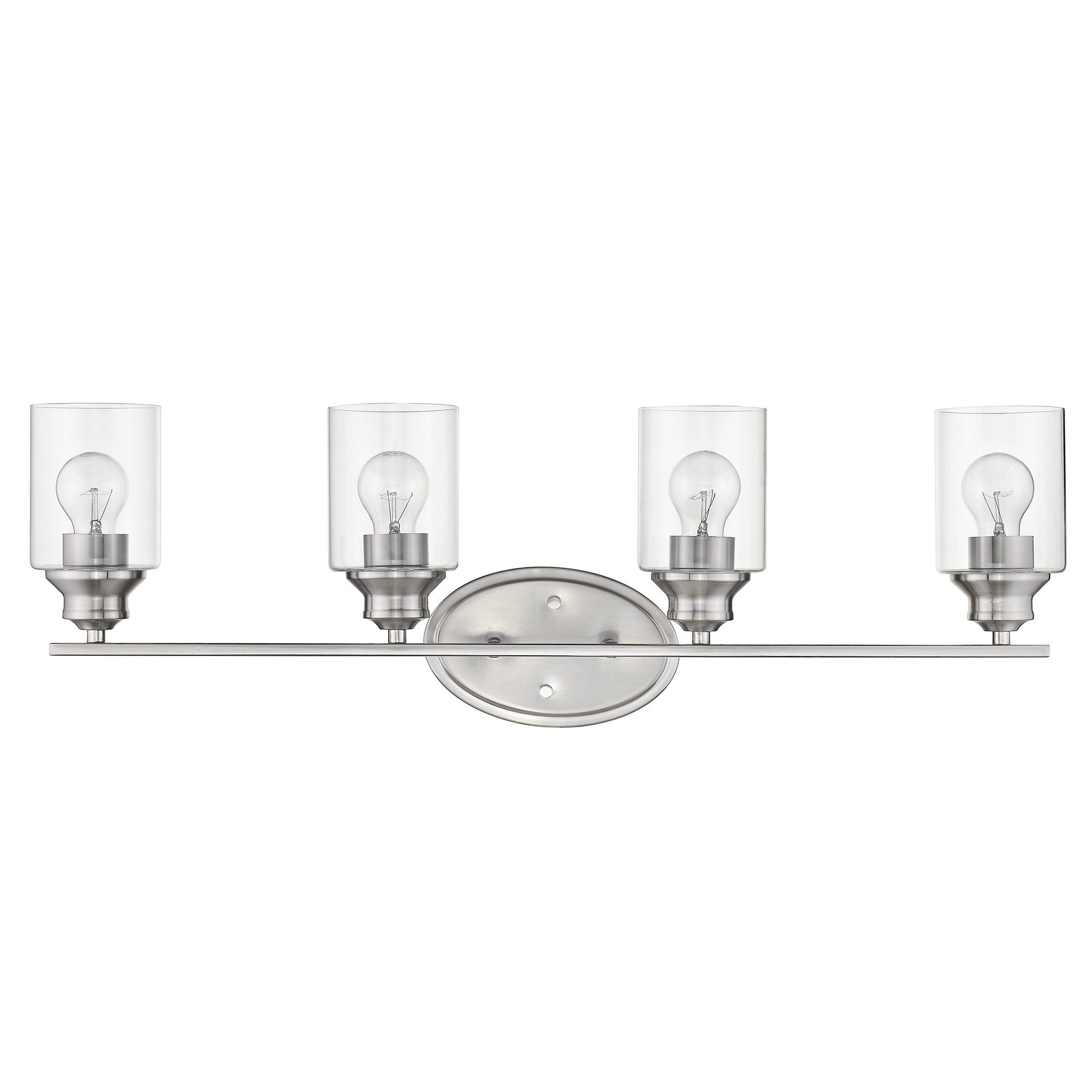 A front view of a Modern four bulb silver wall sconce with clear cylindrical glass shades