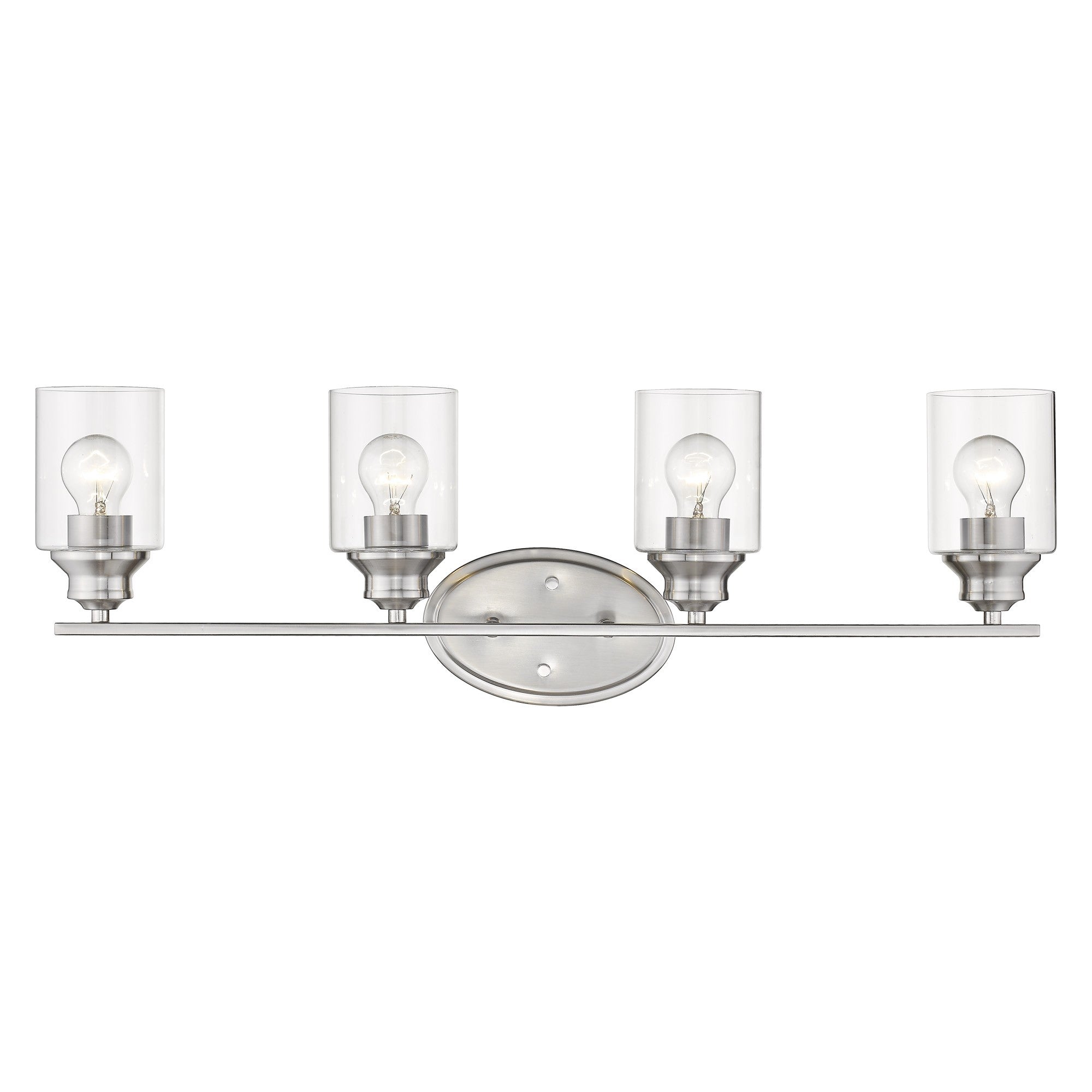 A front view of a lighted Modern four bulb silver wall sconce with clear cylindrical glass shades