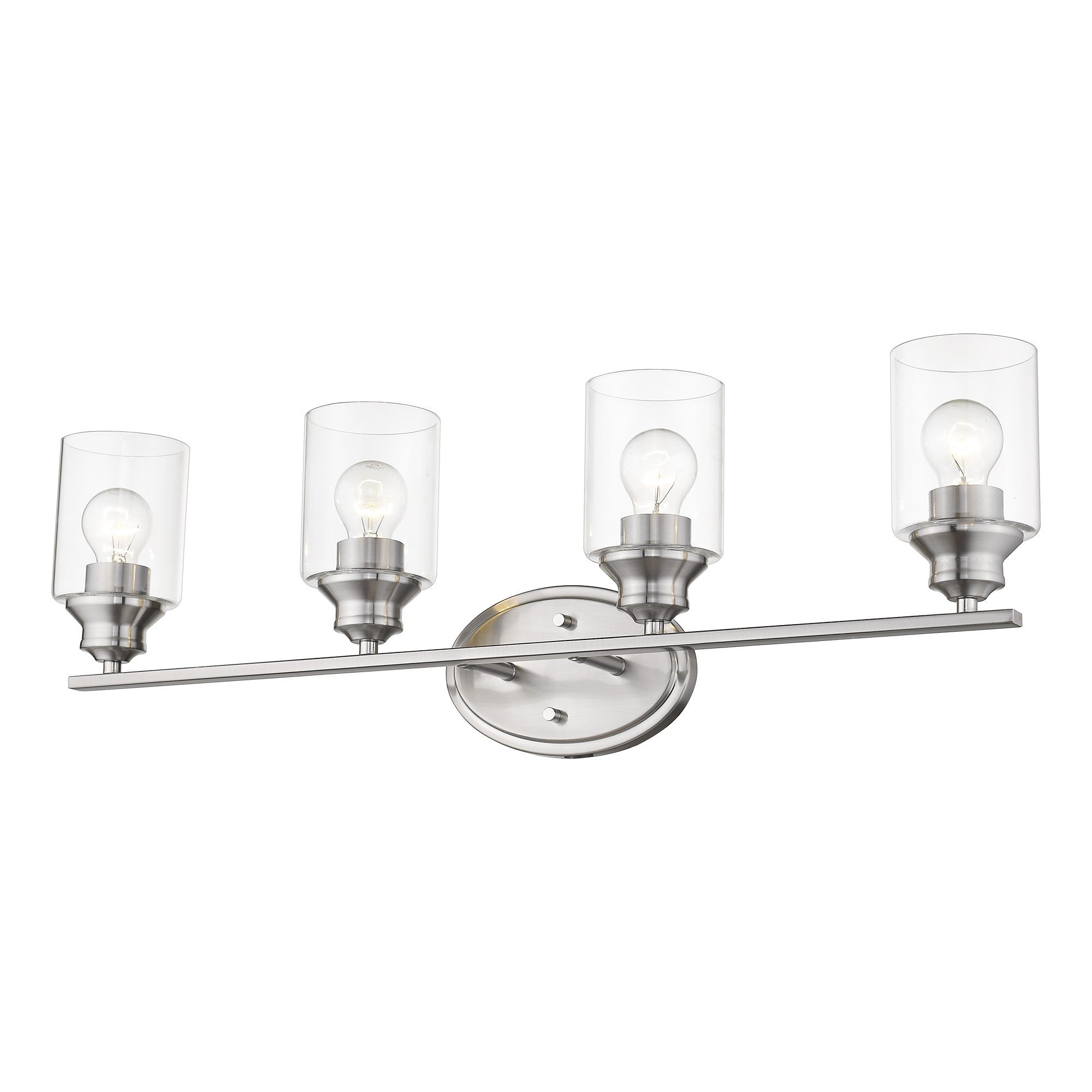 An angled bottom up view of a lighted Modern four bulb silver wall sconce with clear cylindrical glass shades