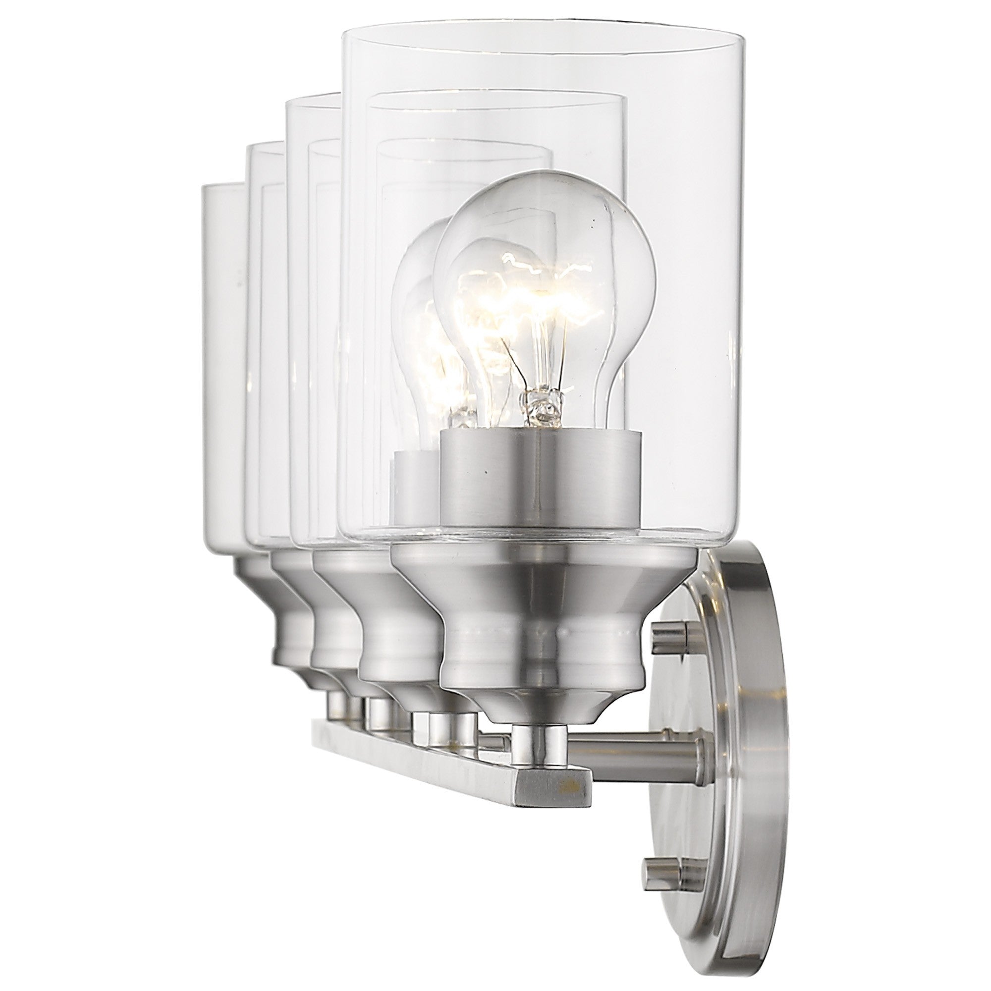 An angled view of a lighted Modern four bulb silver wall sconce with clear cylindrical glass shades