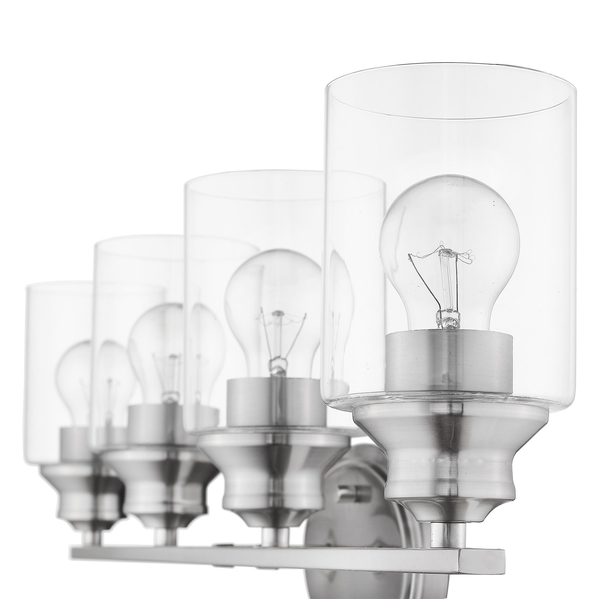 A zoomed in angled view of a Modern four bulb silver wall sconce with clear cylindrical glass shades