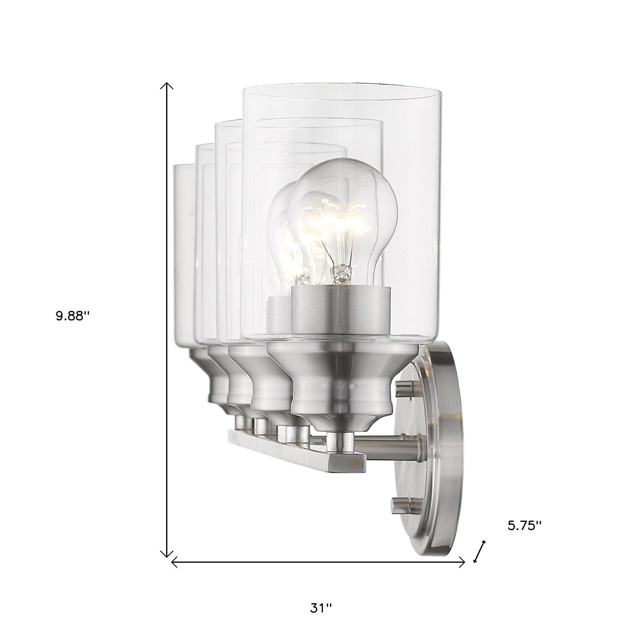 Modern four bulb silver wall sconce with clear cylindrical glass shades shown with dimensions