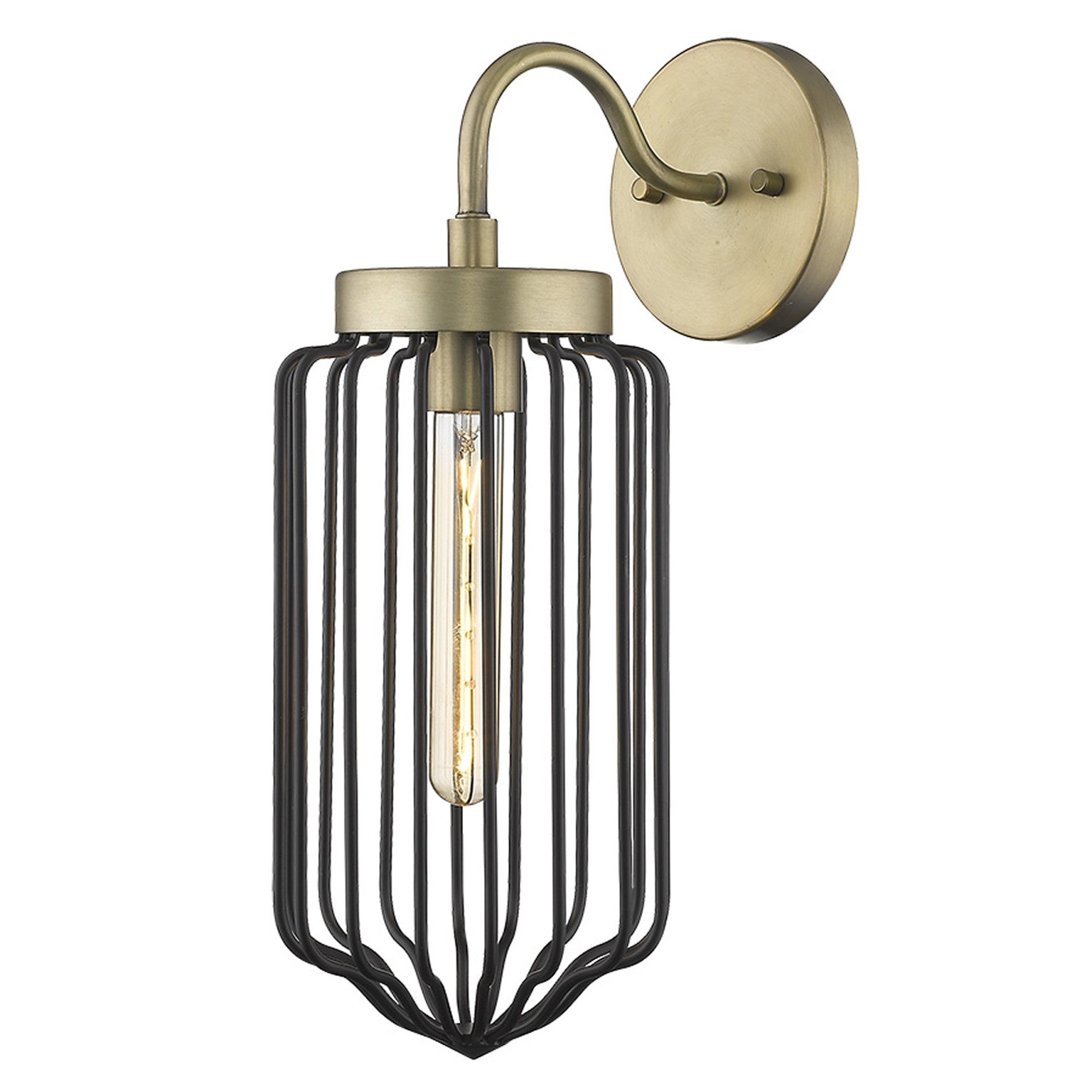 An angled view of a lighted Gold and black metal cage wall sconce with curved arm and wire frame shade