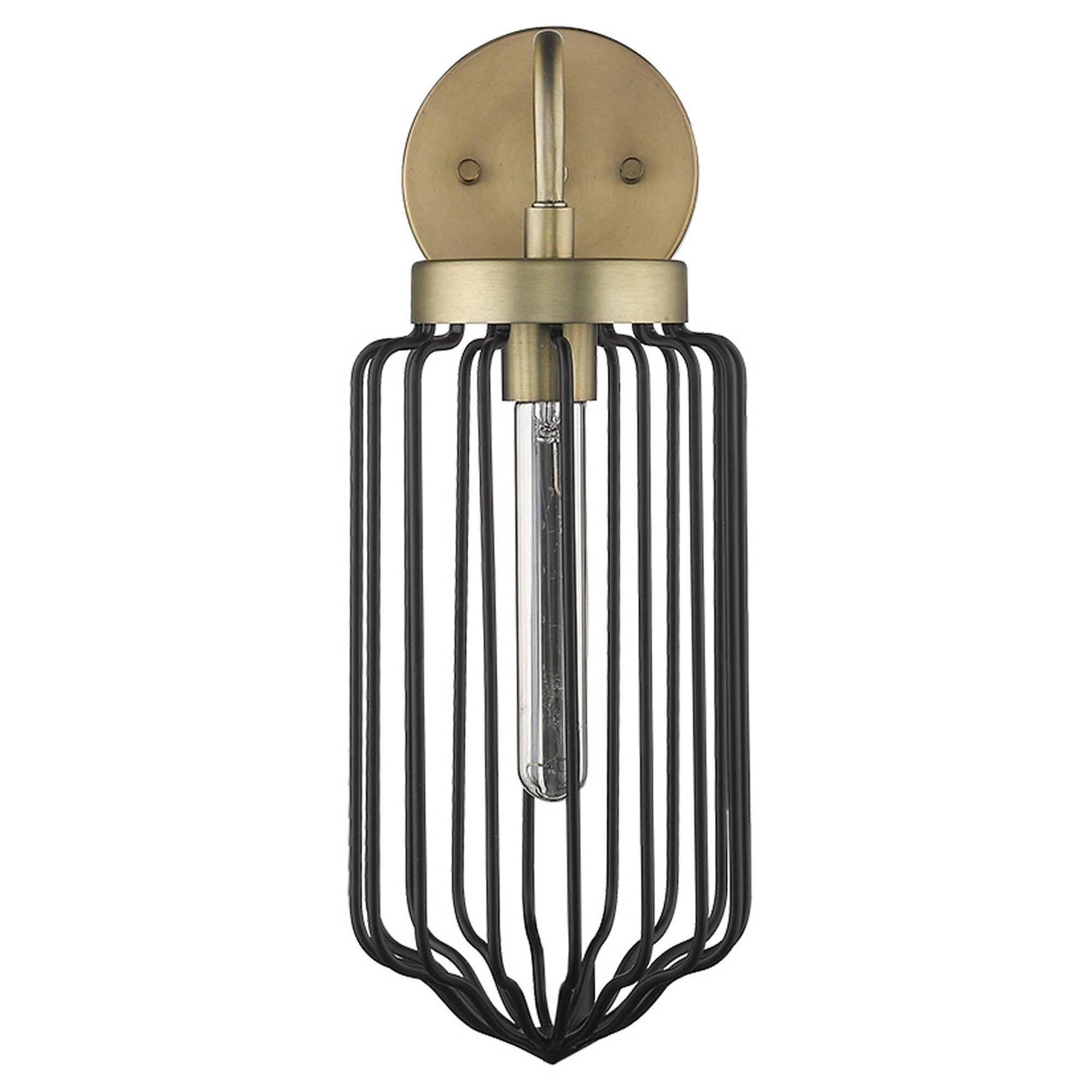 A front view of a Gold and black metal cage wall sconce with curved arm and wire frame shade