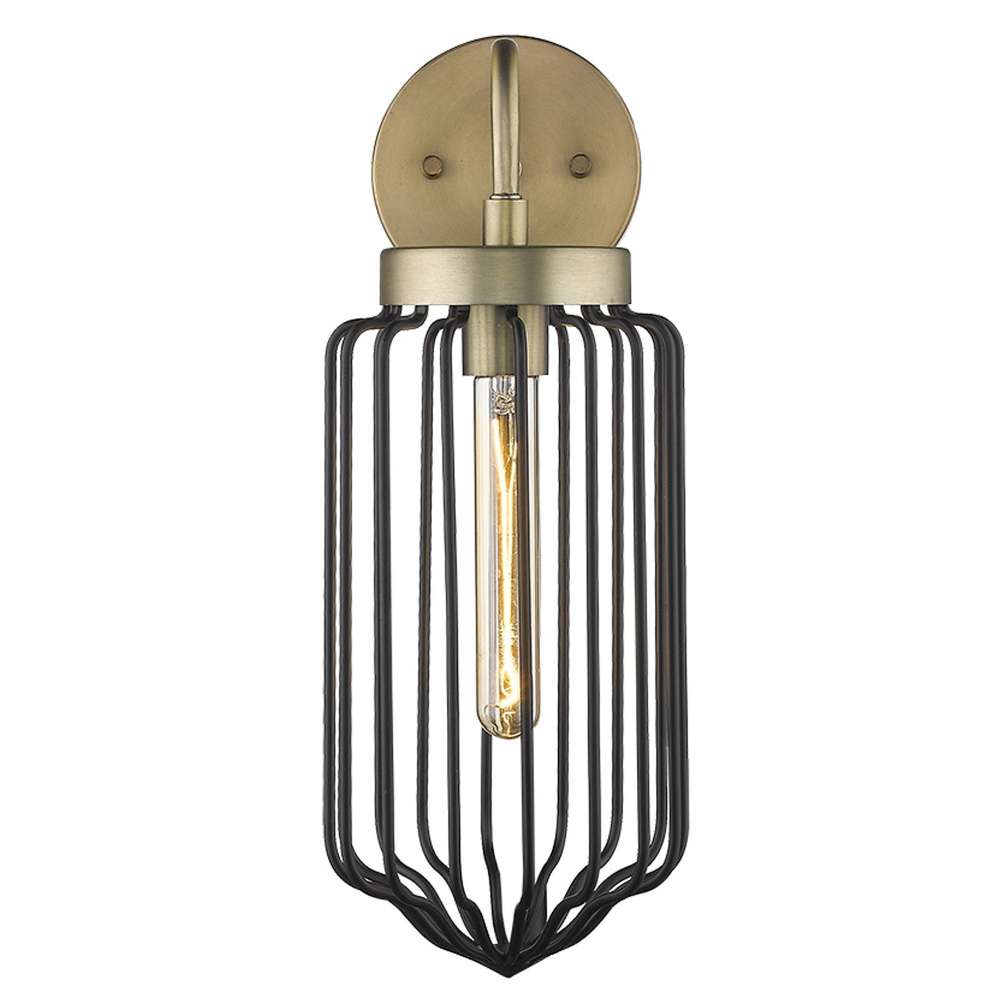A front view of a lighted Gold and black metal cage wall sconce with curved arm and wire frame shade