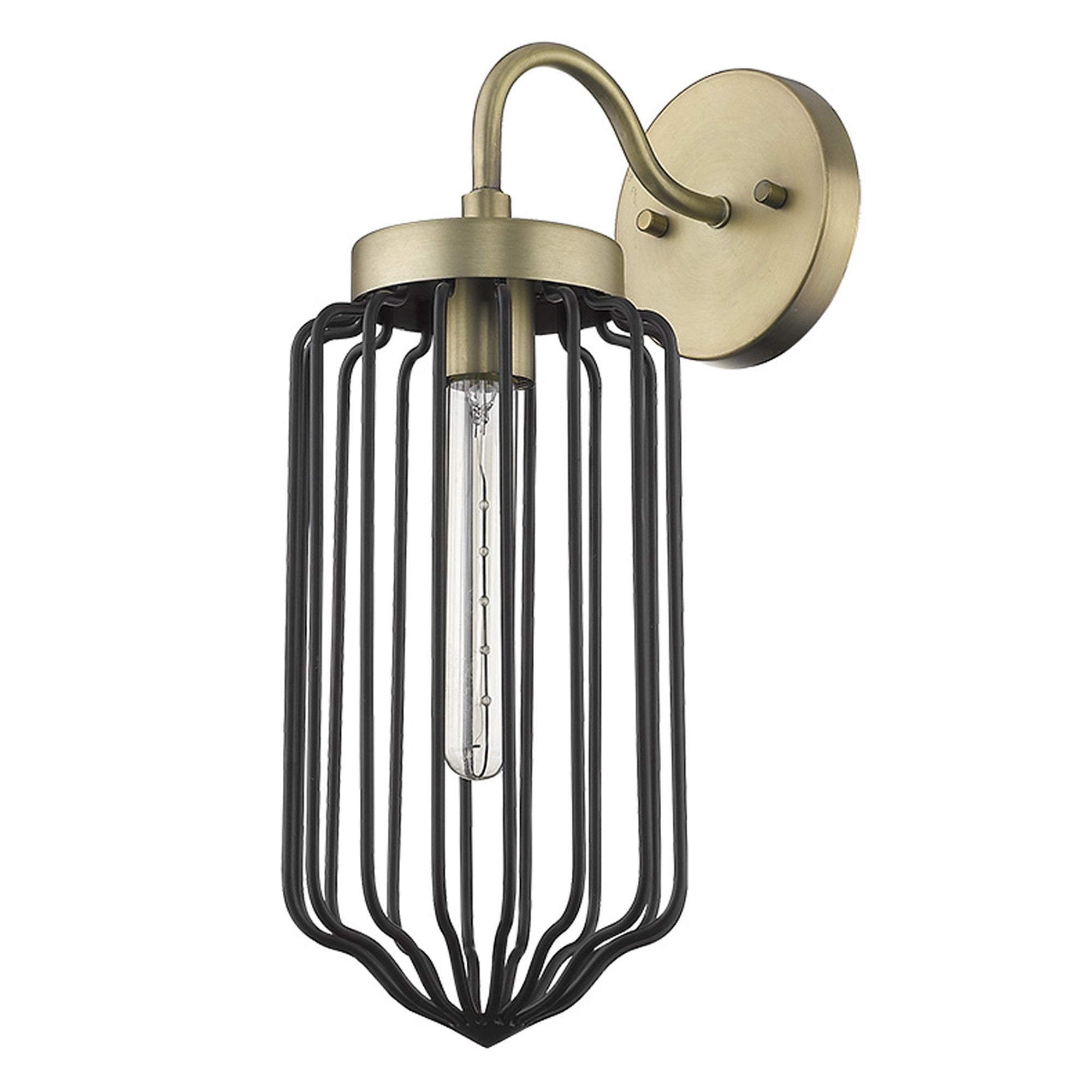 An angled bottom up view of a Gold and black metal cage wall sconce with curved arm and wire frame shade