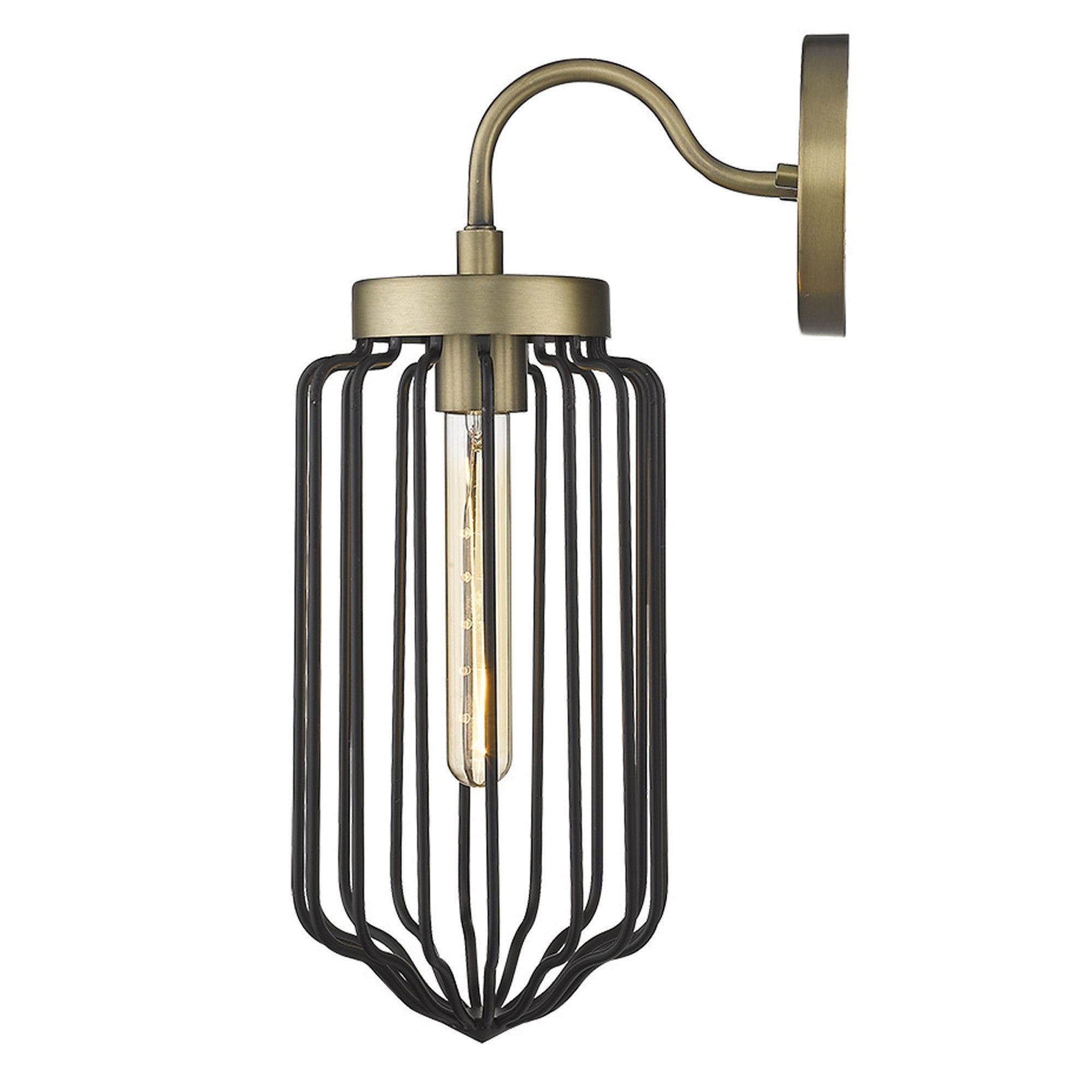 A side view of a lighted Gold and black metal cage wall sconce with curved arm and wire frame shade