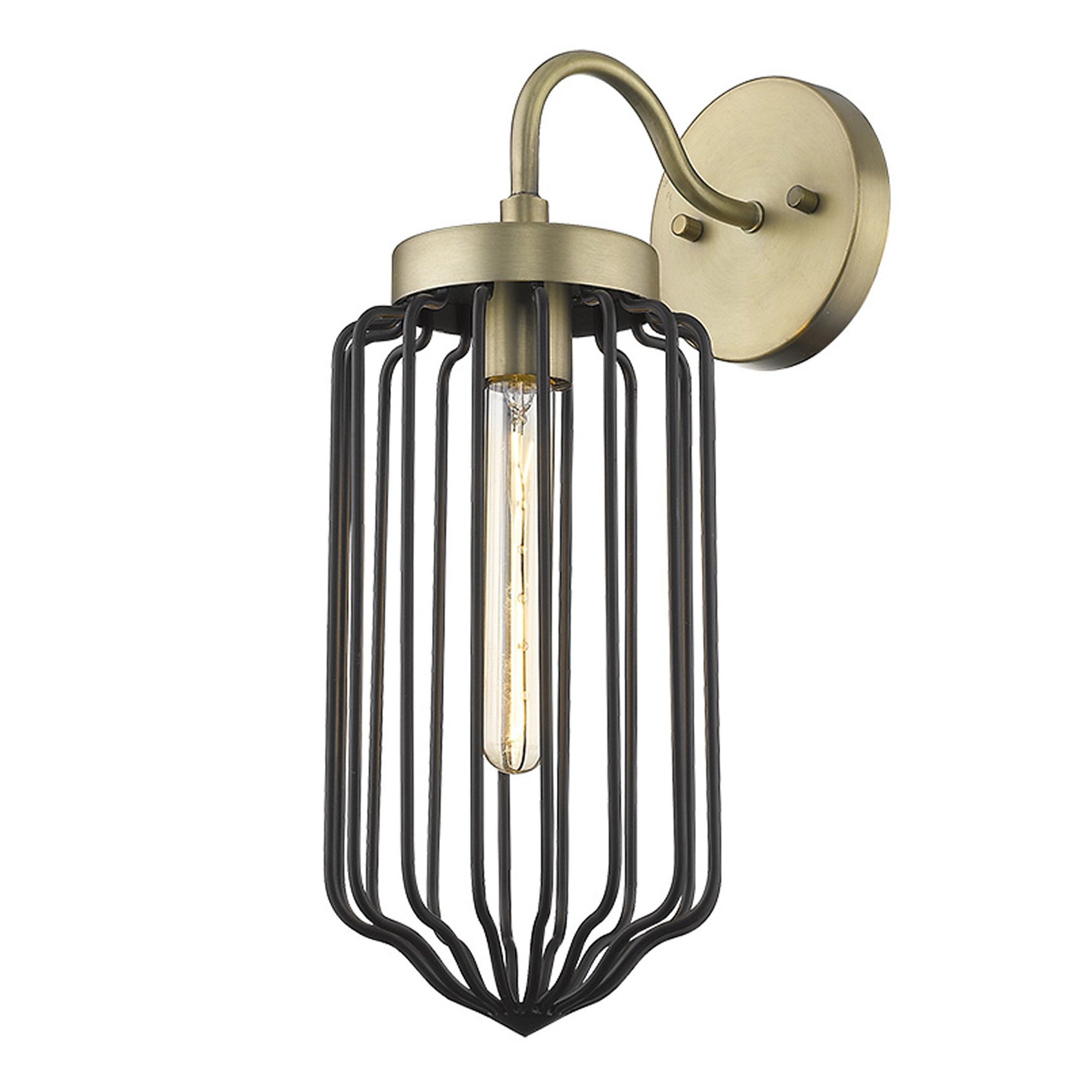 an angled bottom up view of a lighted Gold and black metal cage wall sconce with curved arm and wire frame shade