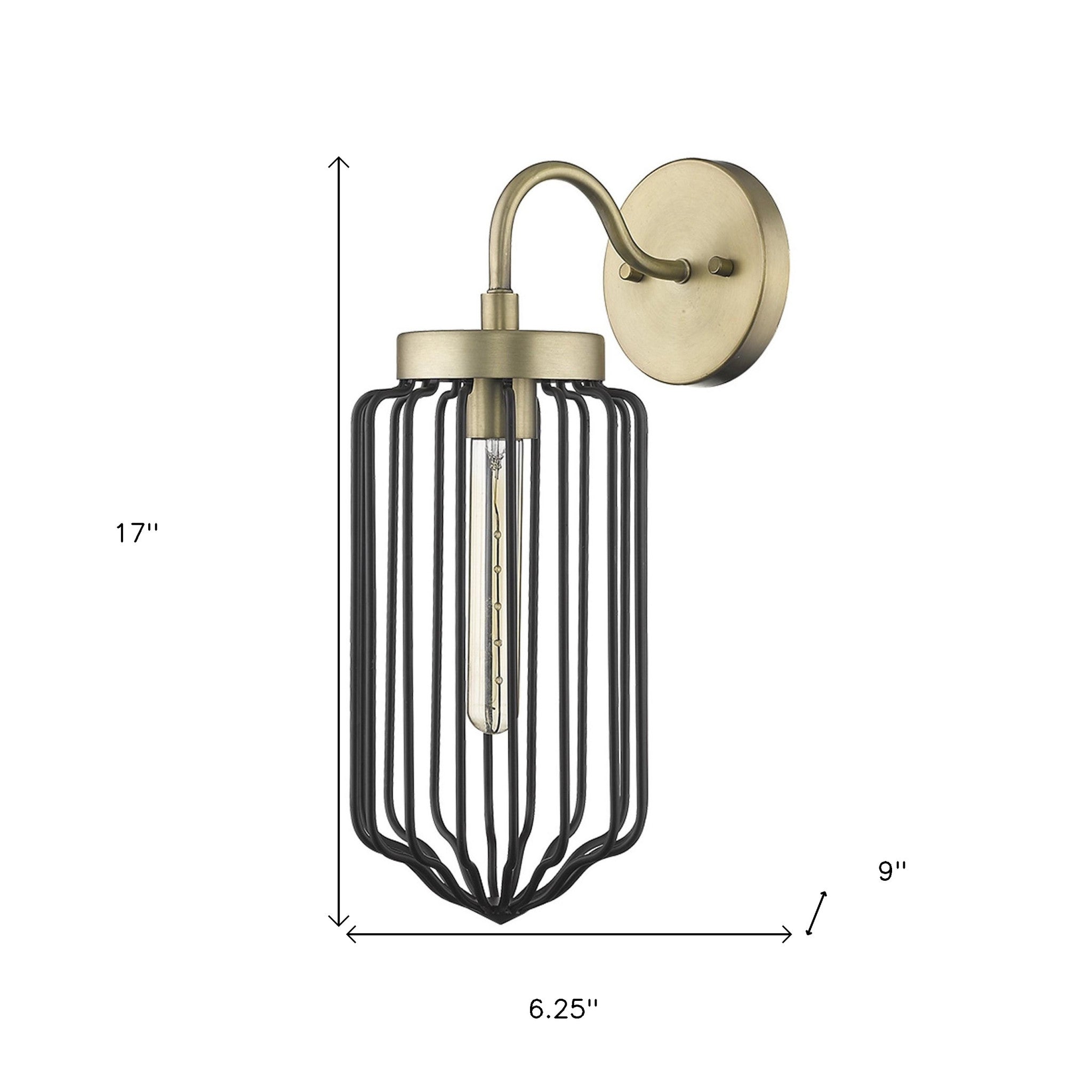 Gold and black metal cage wall sconce with curved arm and wire frame shade shown with dimensions
