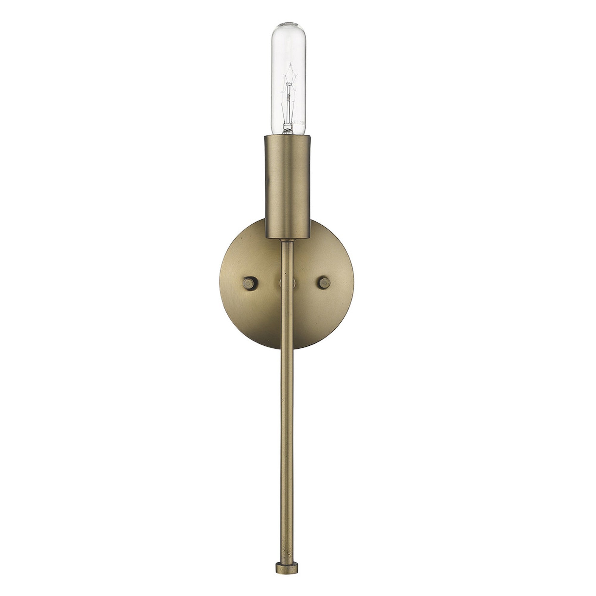 A dull gold narrow bulb wall light with a round, beveled wall bracket and an extended arm, featuring an exposed filament bulb.
