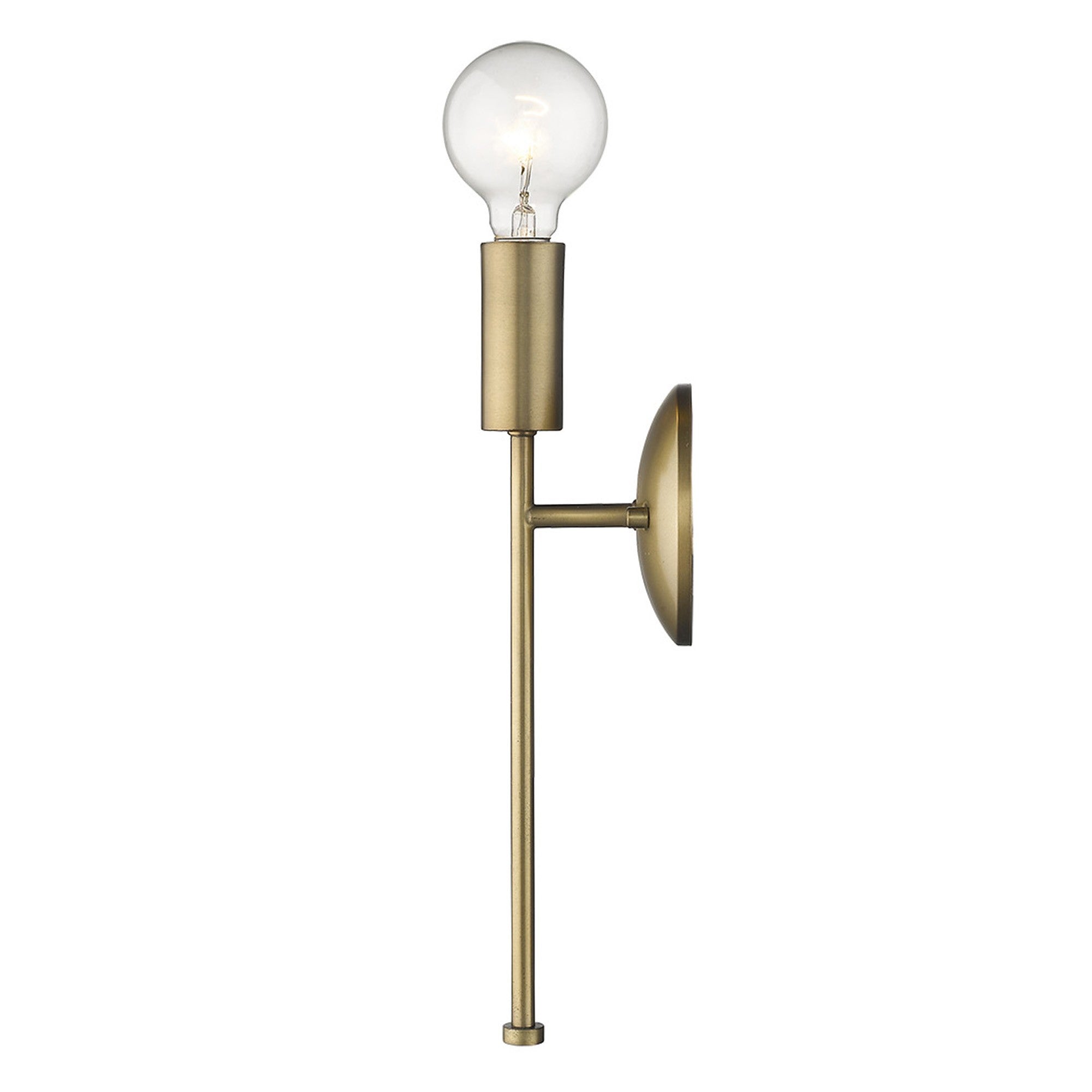 Side View of A dull gold ball bulb wall light with a round, beveled wall bracket and an extended arm, featuring an exposed filament bulb.