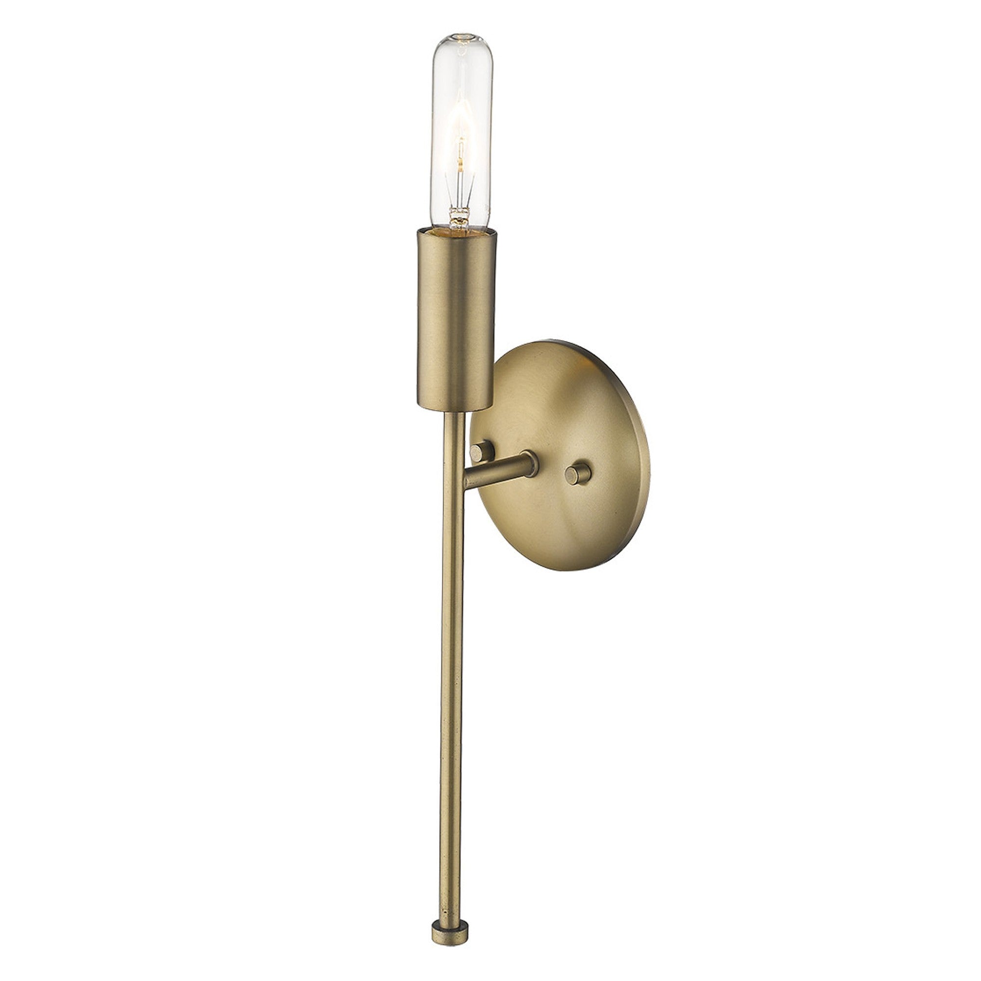 Angled View of A dull gold narrow bulb wall light with a round, beveled wall bracket and an extended arm, featuring an exposed filament bulb.