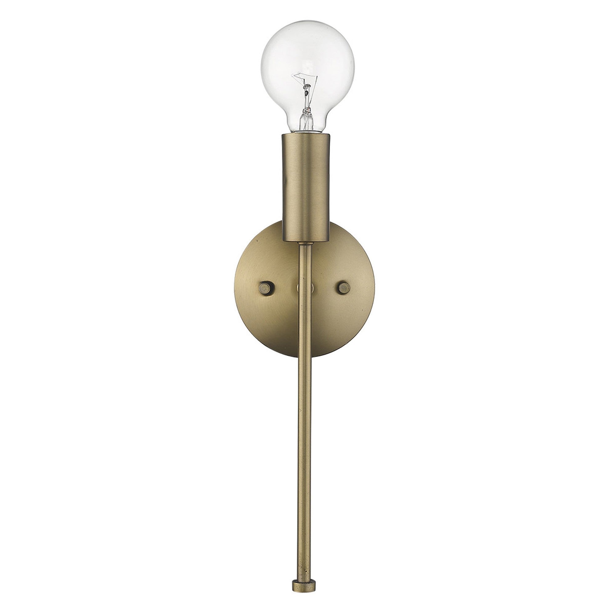 Straight On View of A dull gold ball bulb wall light with a round, beveled wall bracket and an extended arm, featuring an exposed filament bulb.