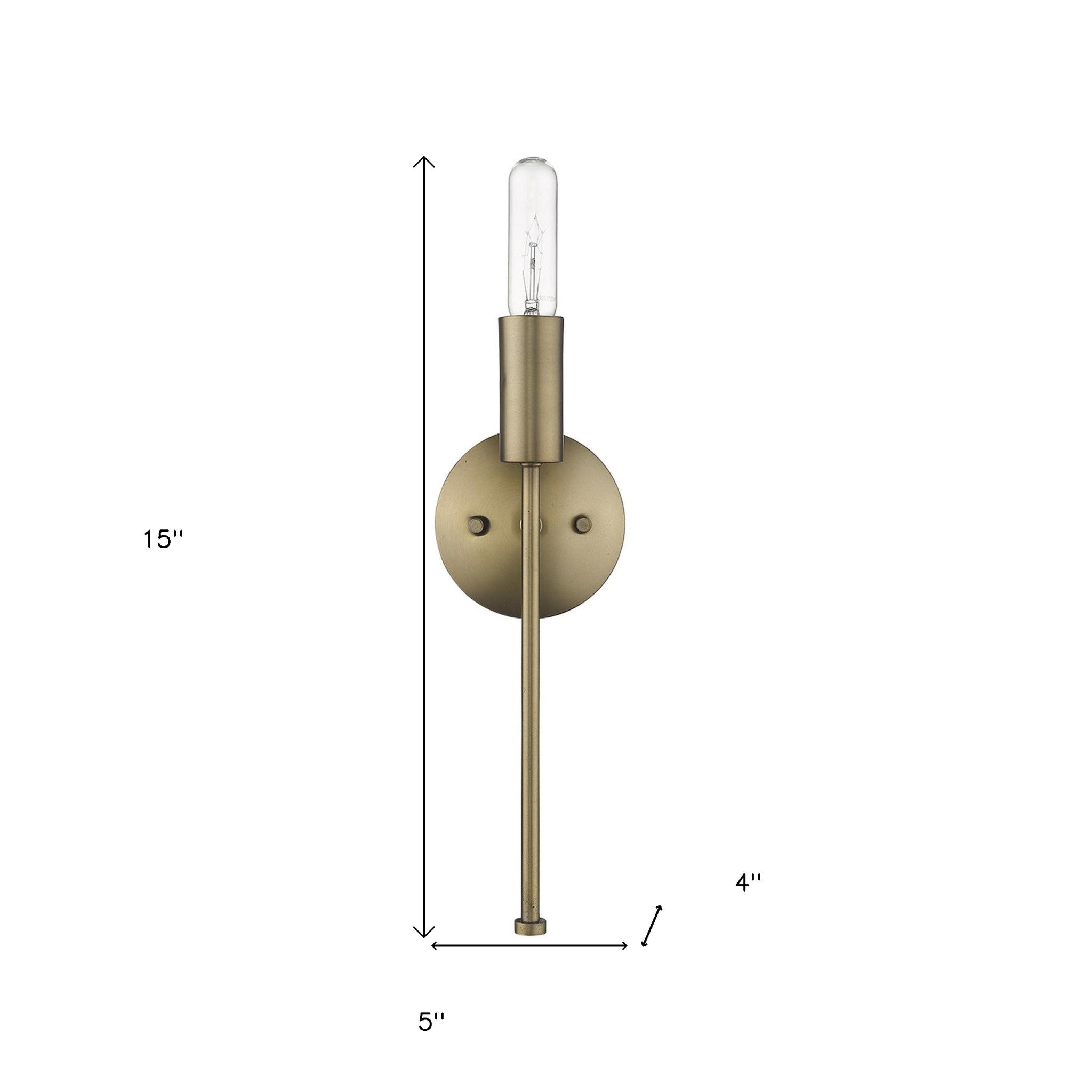 A dull gold narrow bulb wall light with a round, beveled wall bracket and an extended arm, featuring an exposed filament bulb with dimensions