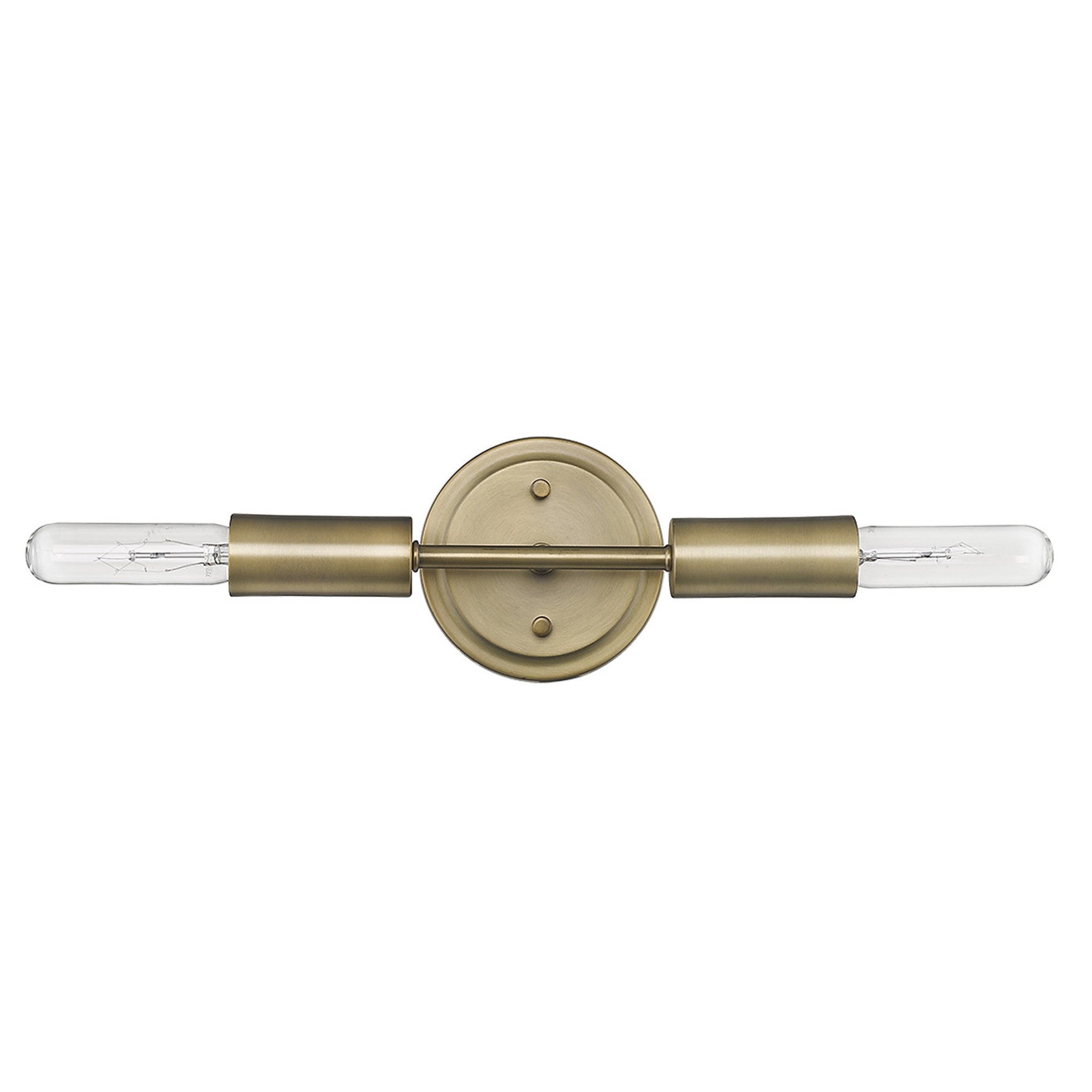 Straight On View of A two-light dull gold narrow bulb wall fixture with exposed bulbs and a minimalist design.