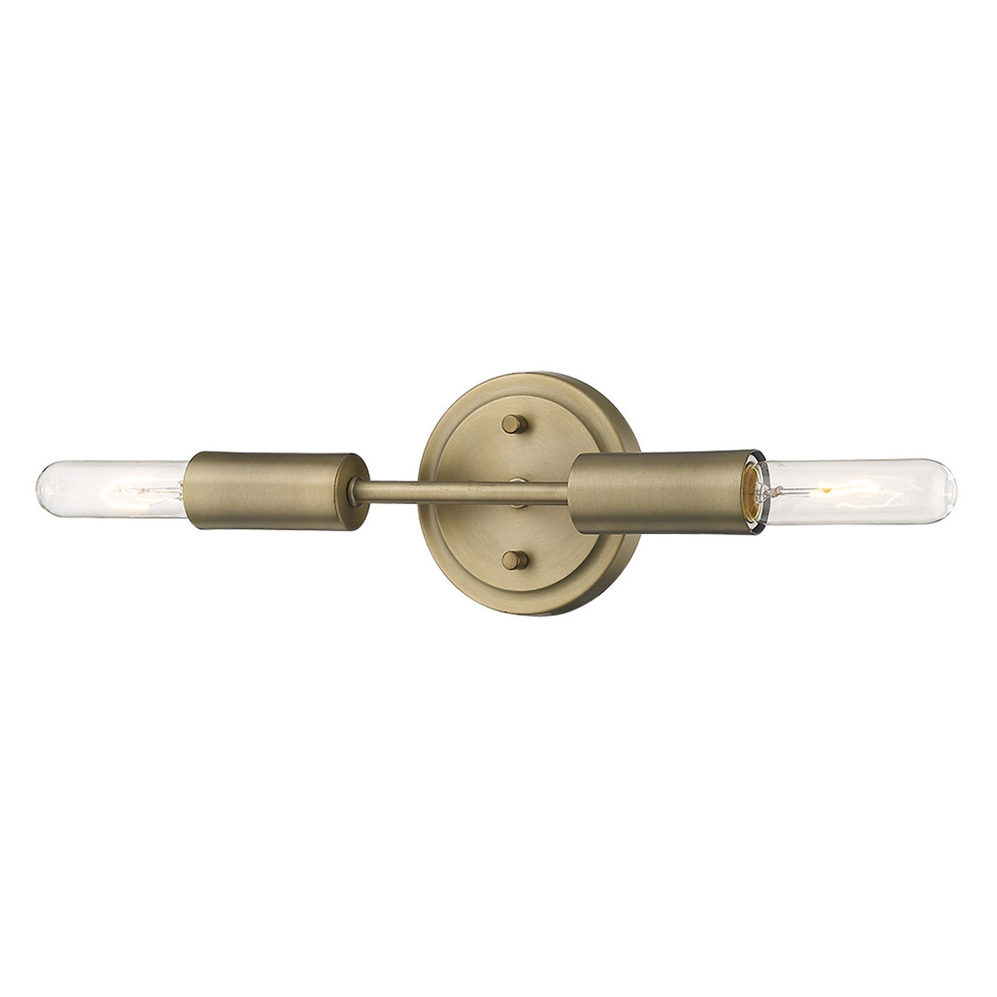 Angled View of A two-light dull gold narrow bulb wall fixture with exposed bulbs and a minimalist design.