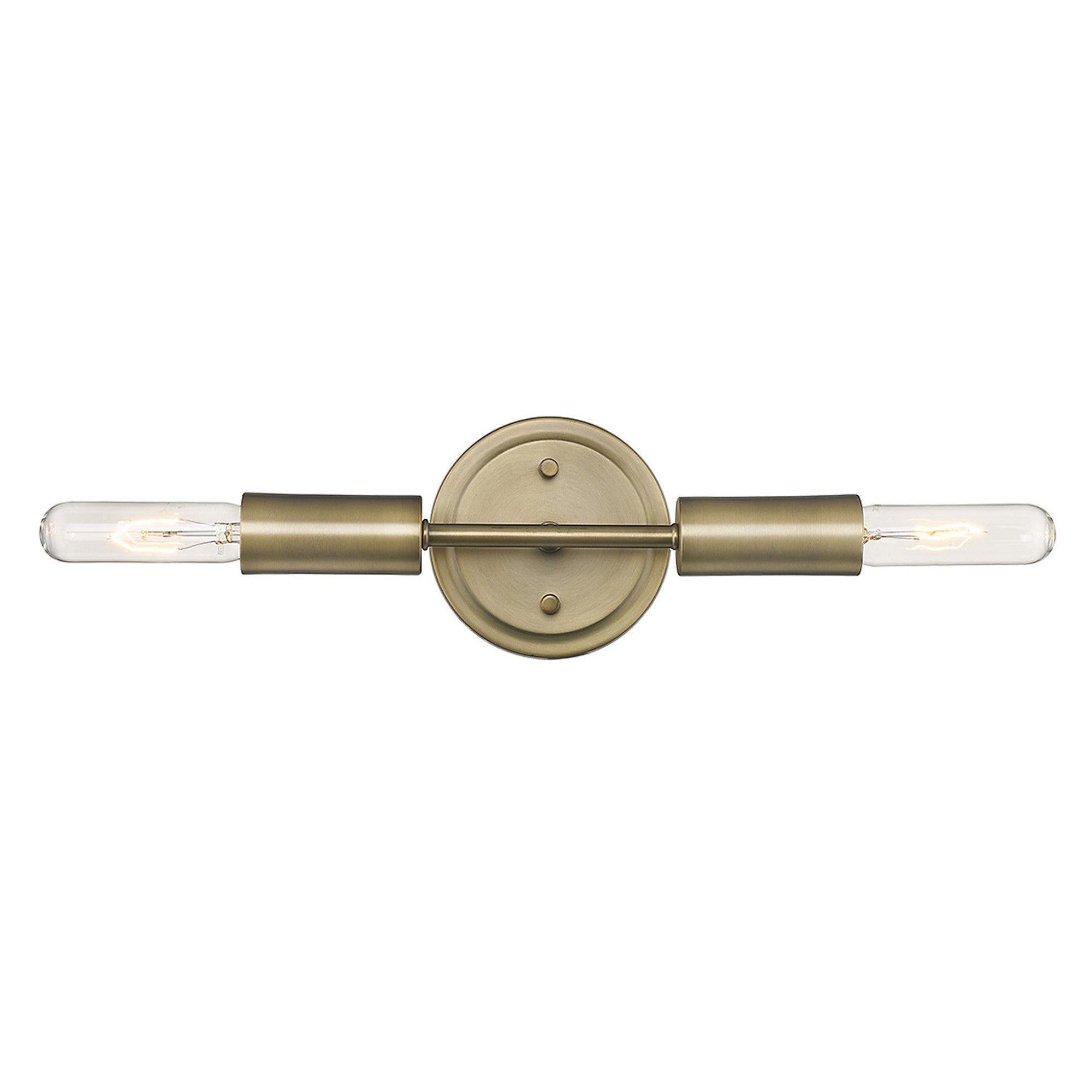 Straight On View of A lighted two-light dull gold narrow bulb wall fixture with exposed bulbs and a minimalist design.