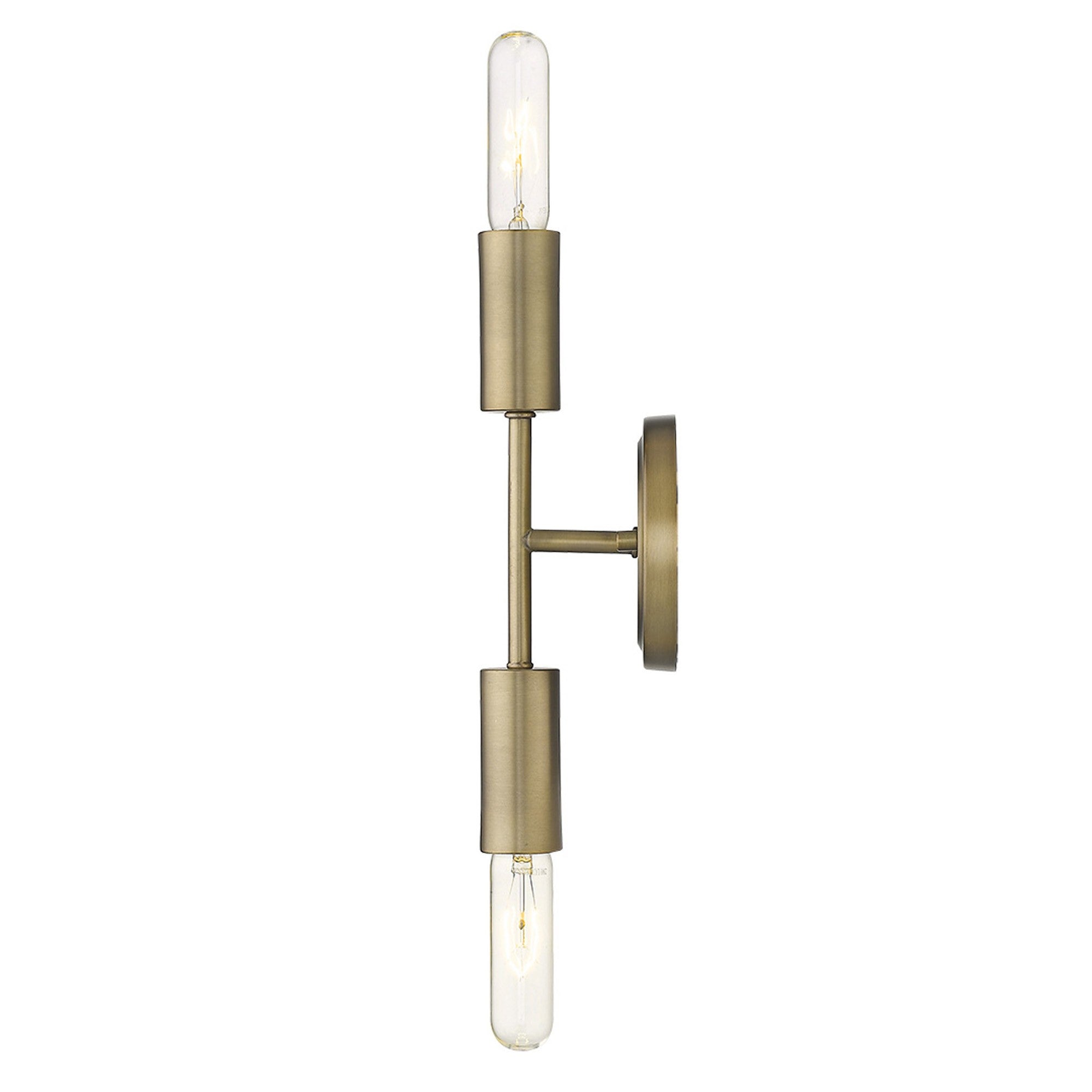 Side Vertical View of A two-light dull gold narrow bulb wall fixture with exposed bulbs and a minimalist design.