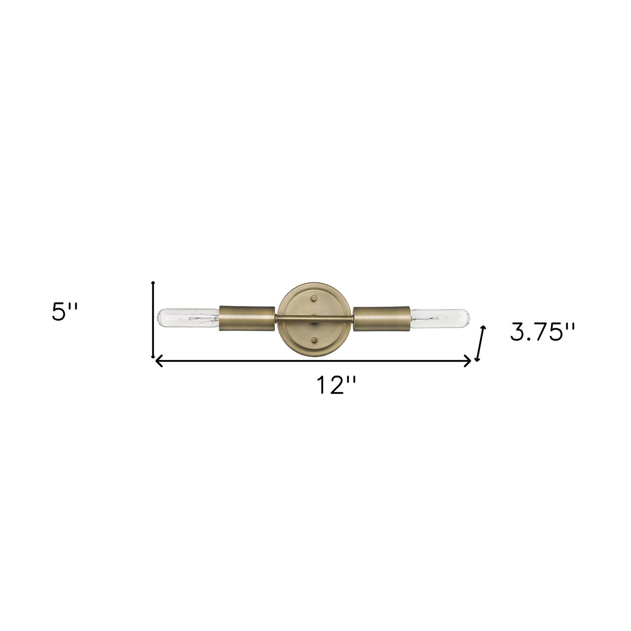 Angled View of A two-light dull gold narrow bulb wall fixture with exposed bulbs and a minimalist design with dimensions displayed