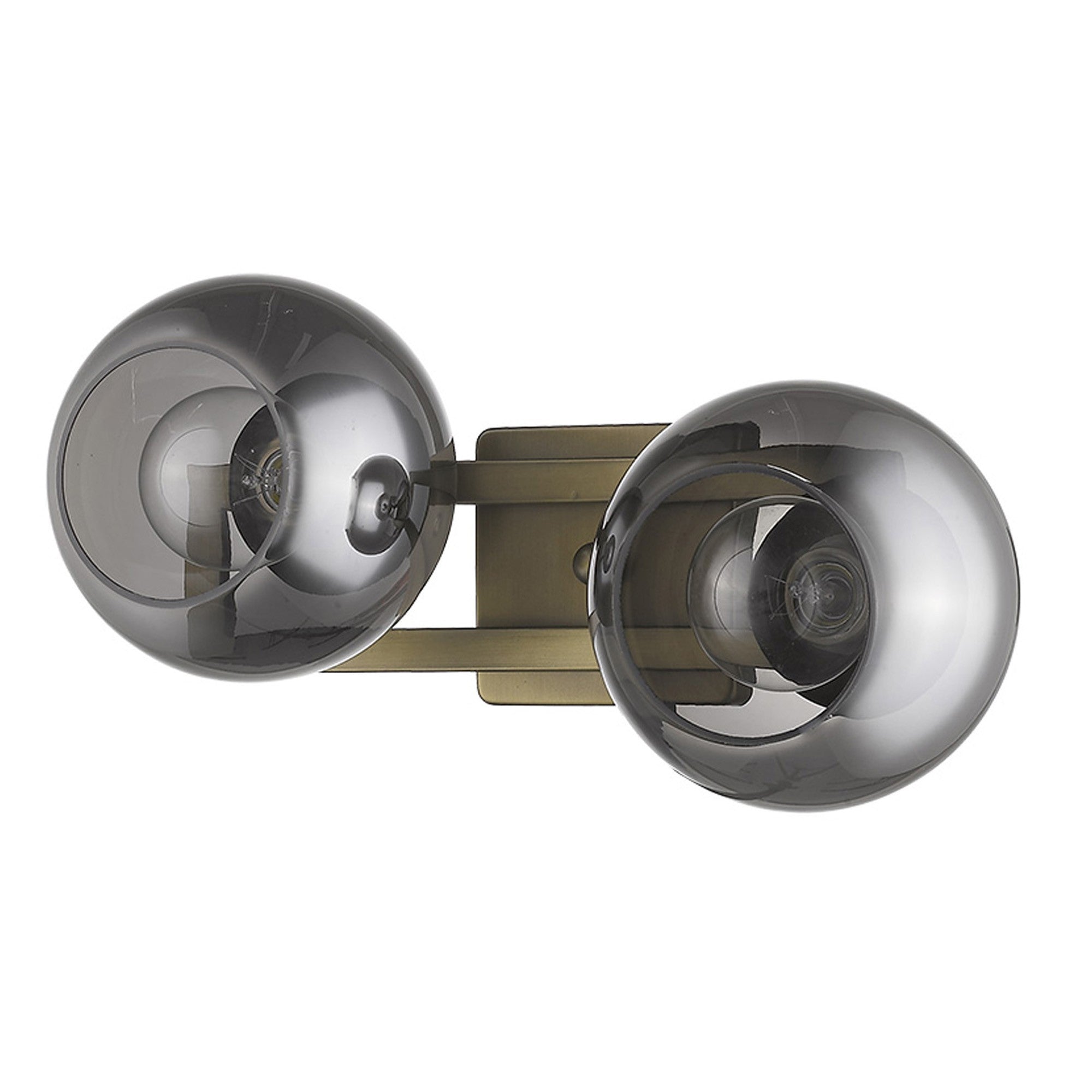 Angled View of A aged brass two-light sconce with smoked handblown glass shades, intended for wall mounting.