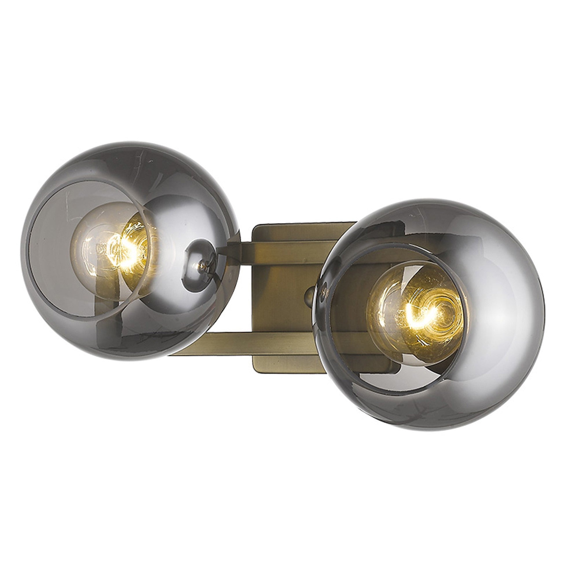 Angled View of A lighted aged brass two-light sconce with smoked handblown glass shades, intended for wall mounting.