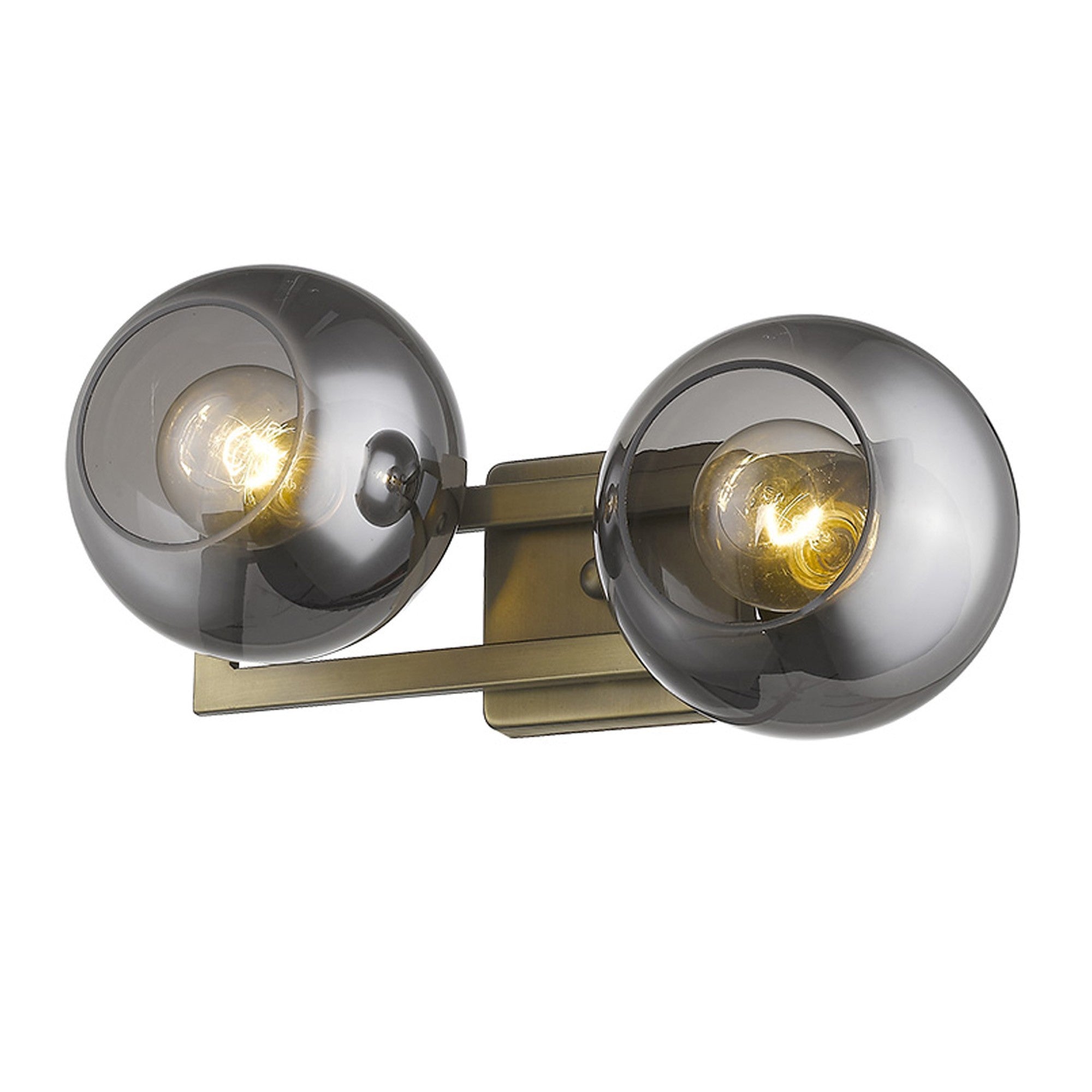 Bottom Angled View of A lighted aged brass two-light sconce with smoked handblown glass shades, intended for wall mounting.