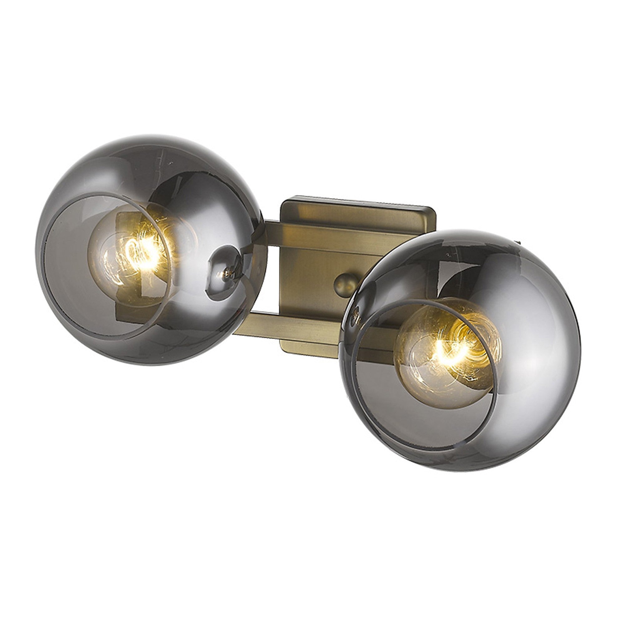 Top down Angled View of A lighted aged brass two-light sconce with smoked handblown glass shades, intended for wall mounting.