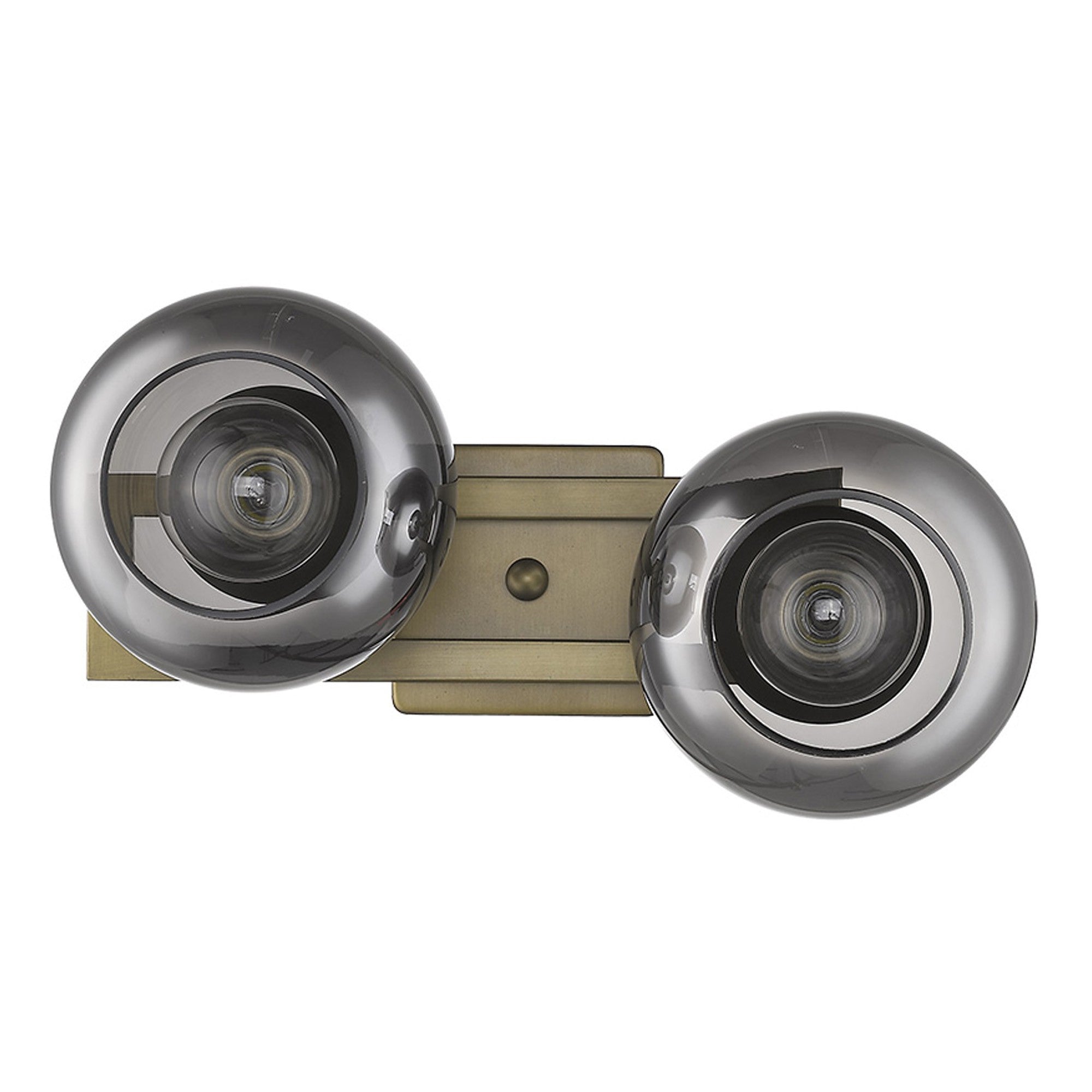 Straight On View of A aged brass two-light sconce with smoked handblown glass shades, intended for wall mounting.