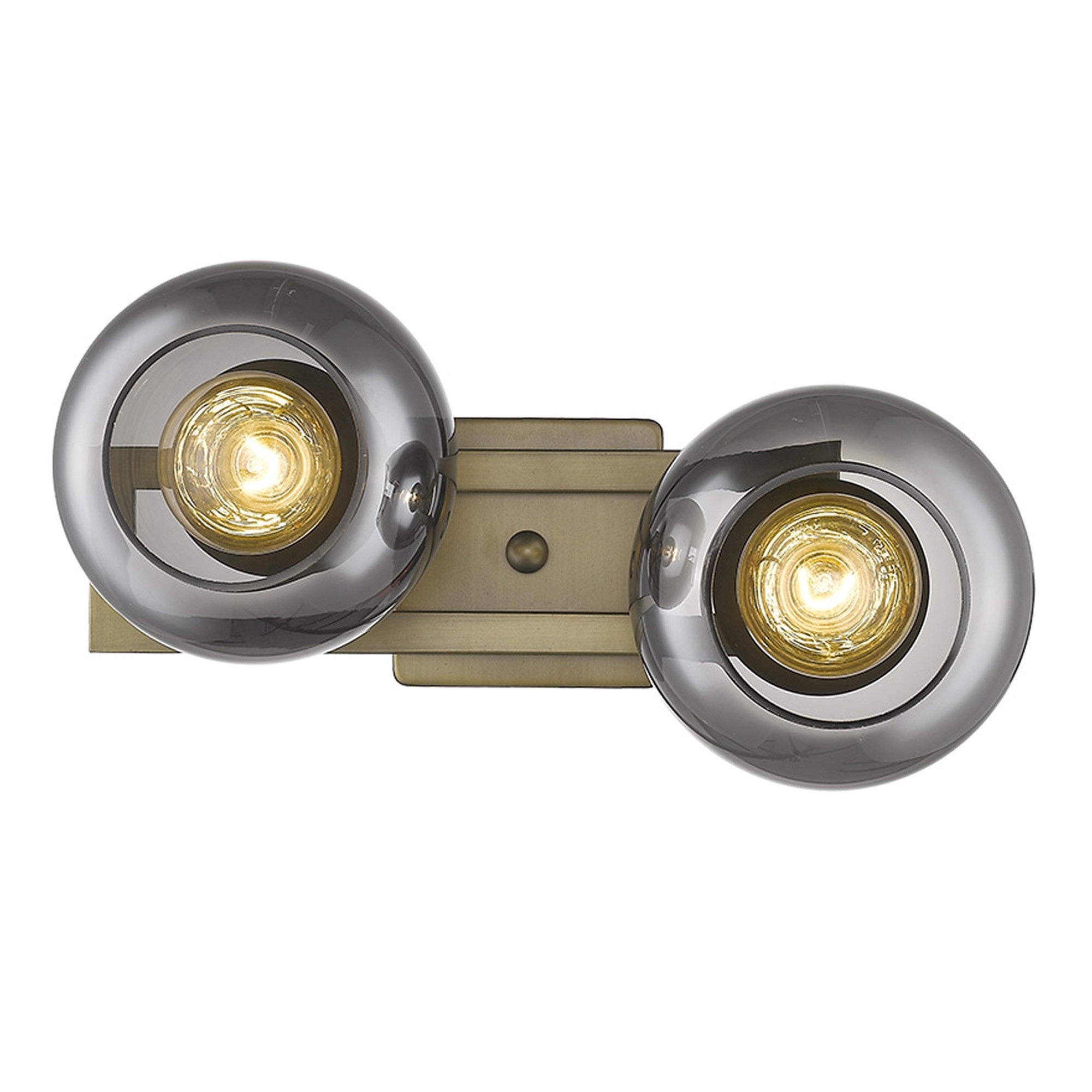 Straight On View of A lighted aged brass two-light sconce with smoked handblown glass shades, intended for wall mounting.