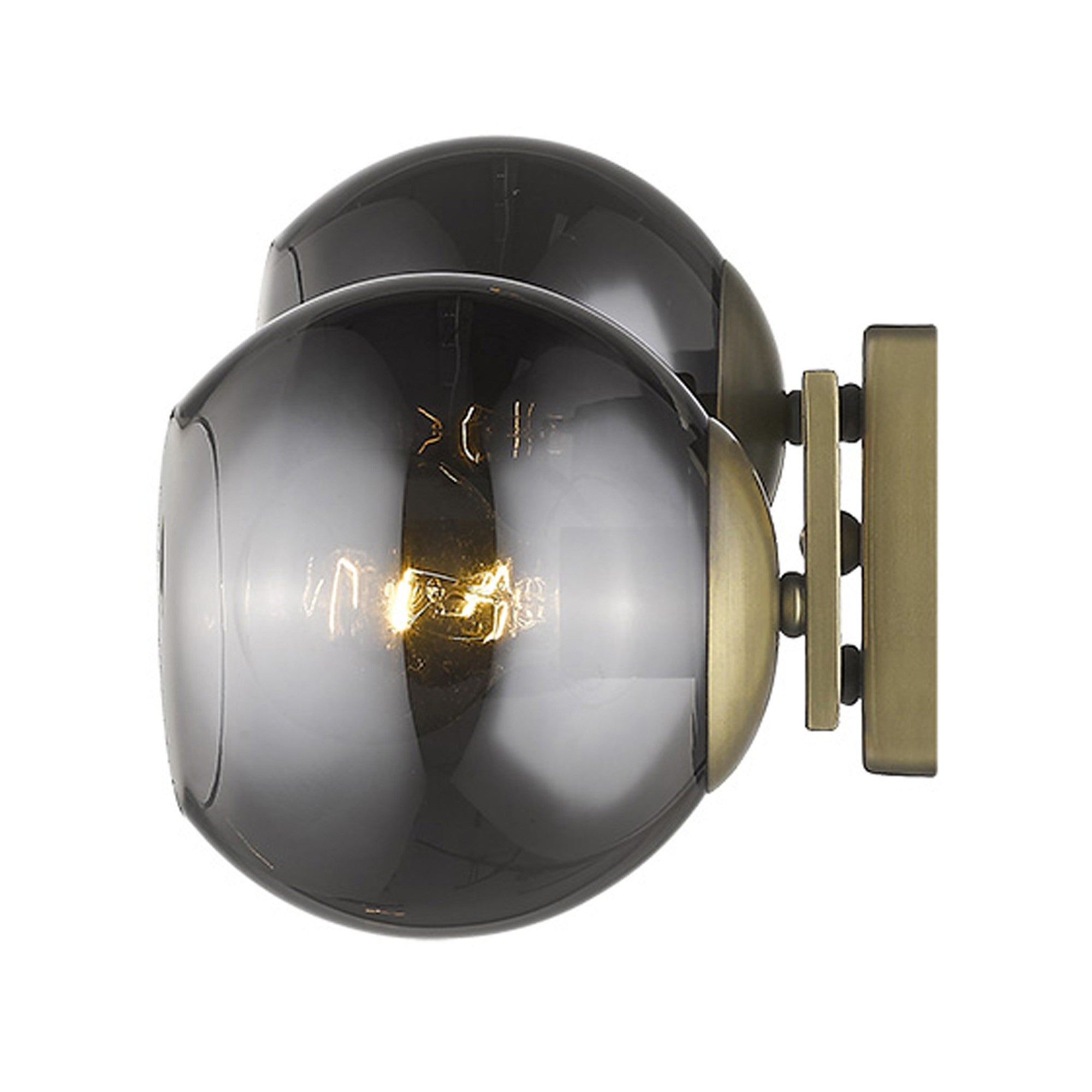 Side View of A aged brass two-light sconce with smoked handblown glass shades, intended for wall mounting.