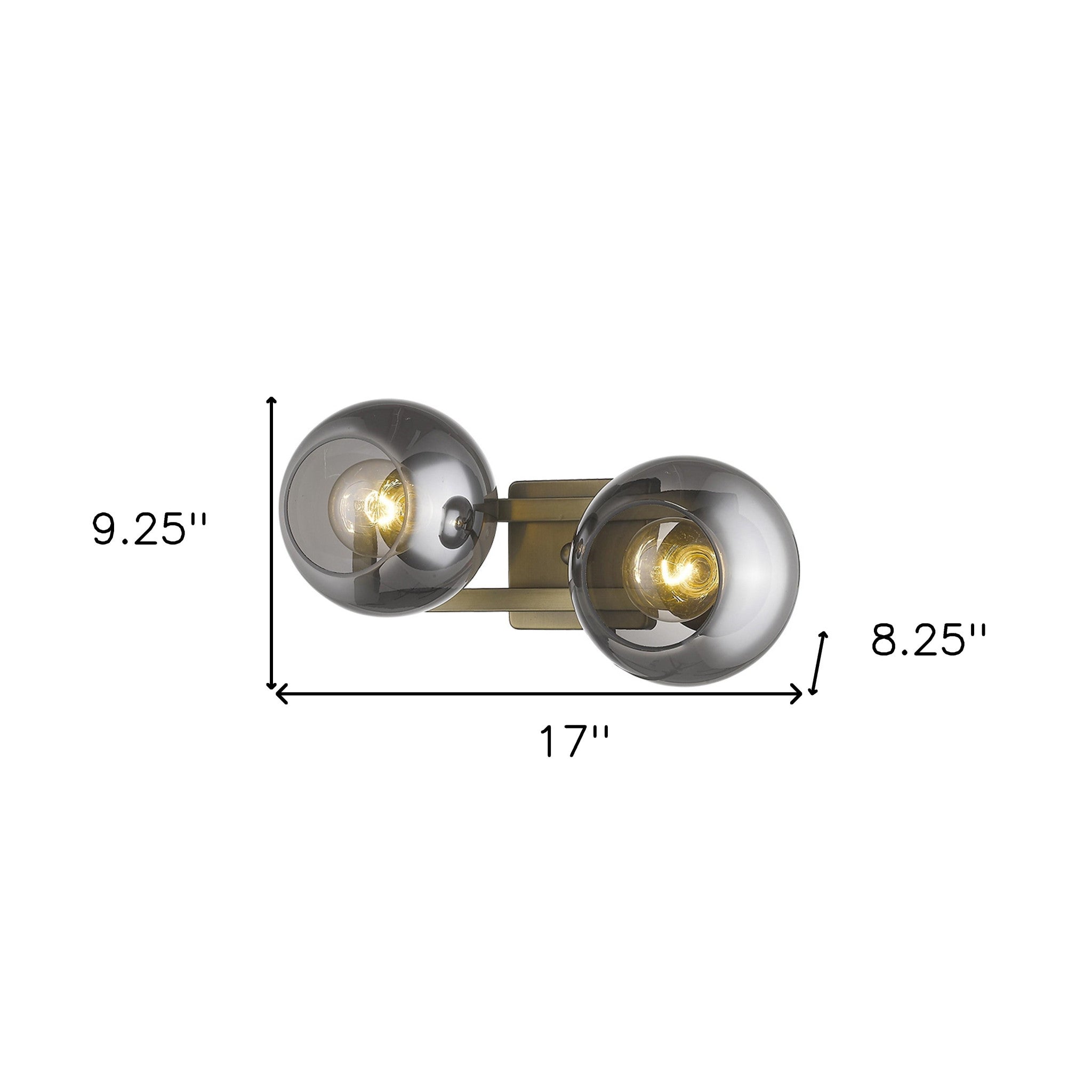 A aged brass two-light sconce with smoked handblown glass shades, intended for wall mounting with dimensions shown