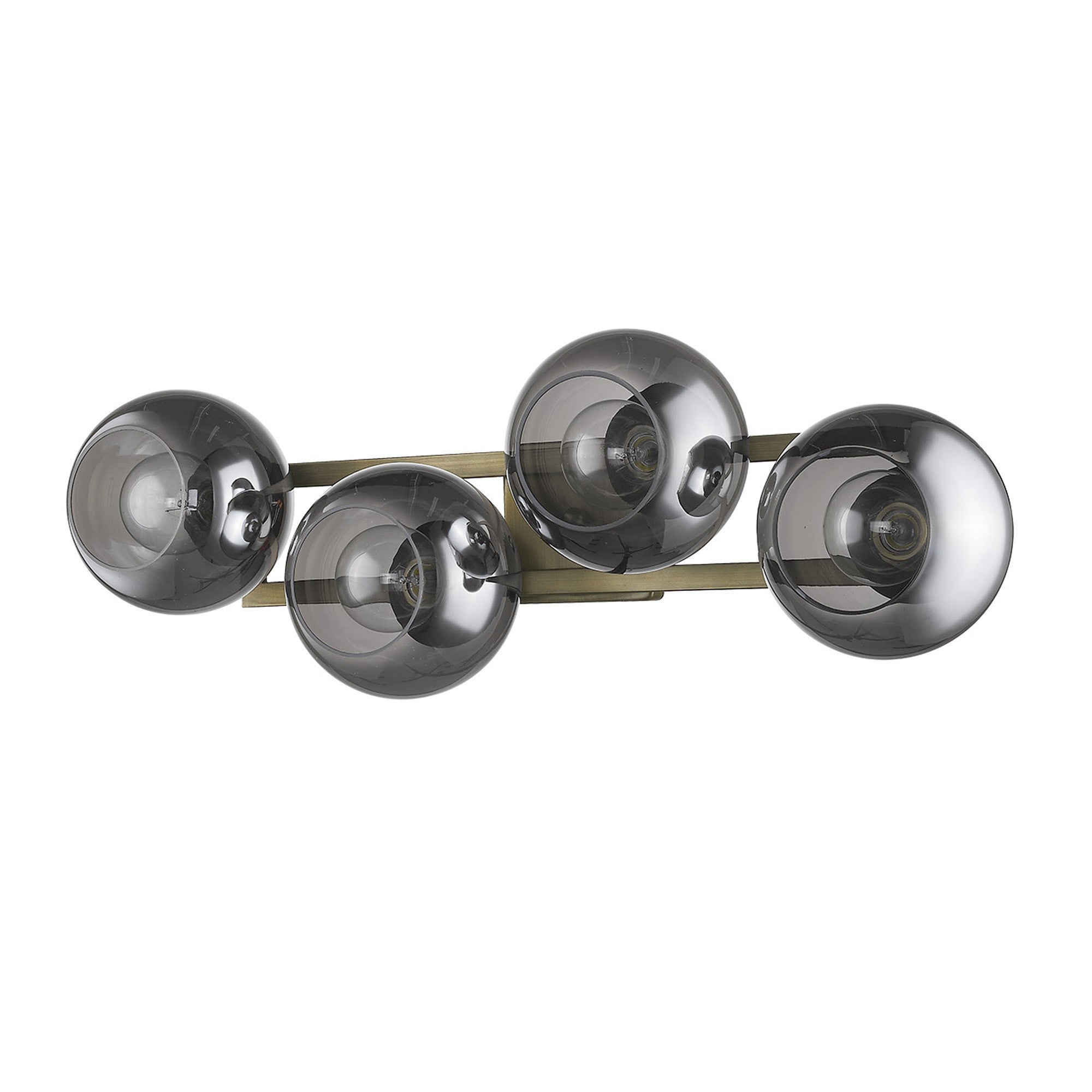 Angled View of Lunette 4-Light Aged Brass Wall Sconce Modern Vanity Light with Smoked Glass Globes 