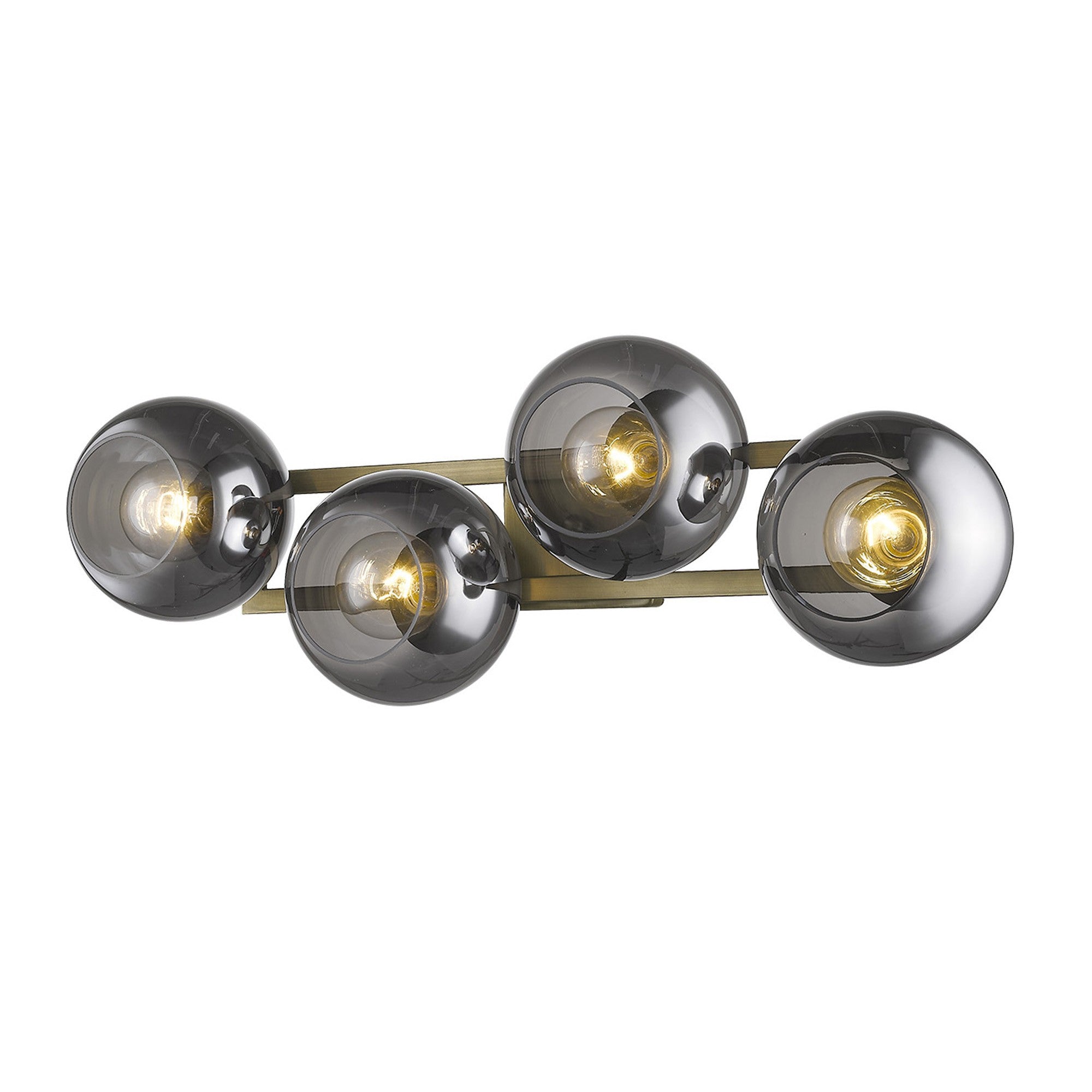 Angled View of Lunette 4-Light Aged Brass Wall Sconce Modern Vanity Light with Smoked Glass Globes Lit