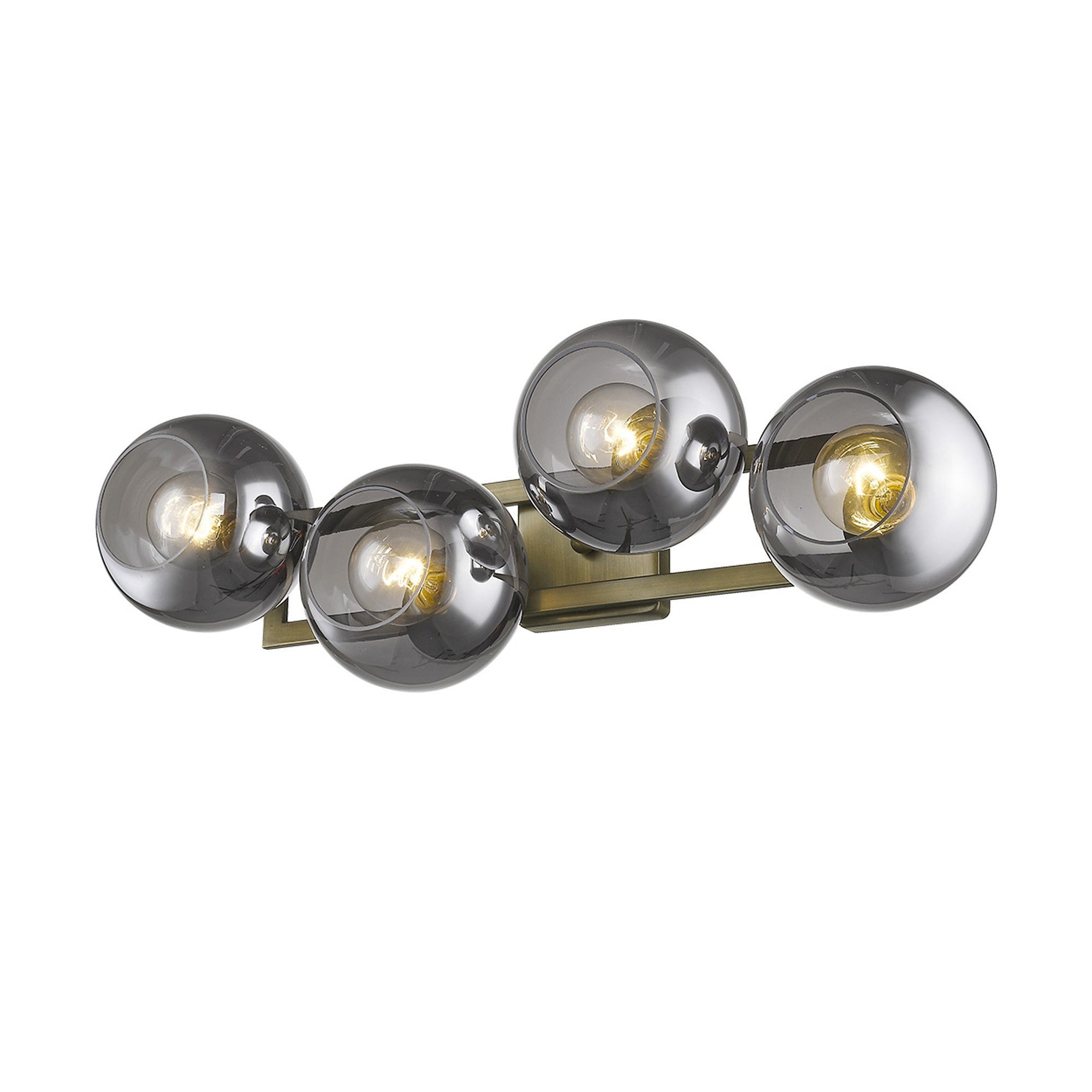 Bottom Up View of Lunette 4-Light Aged Brass Wall Sconce Modern Vanity Light with Smoked Glass Globes Lit