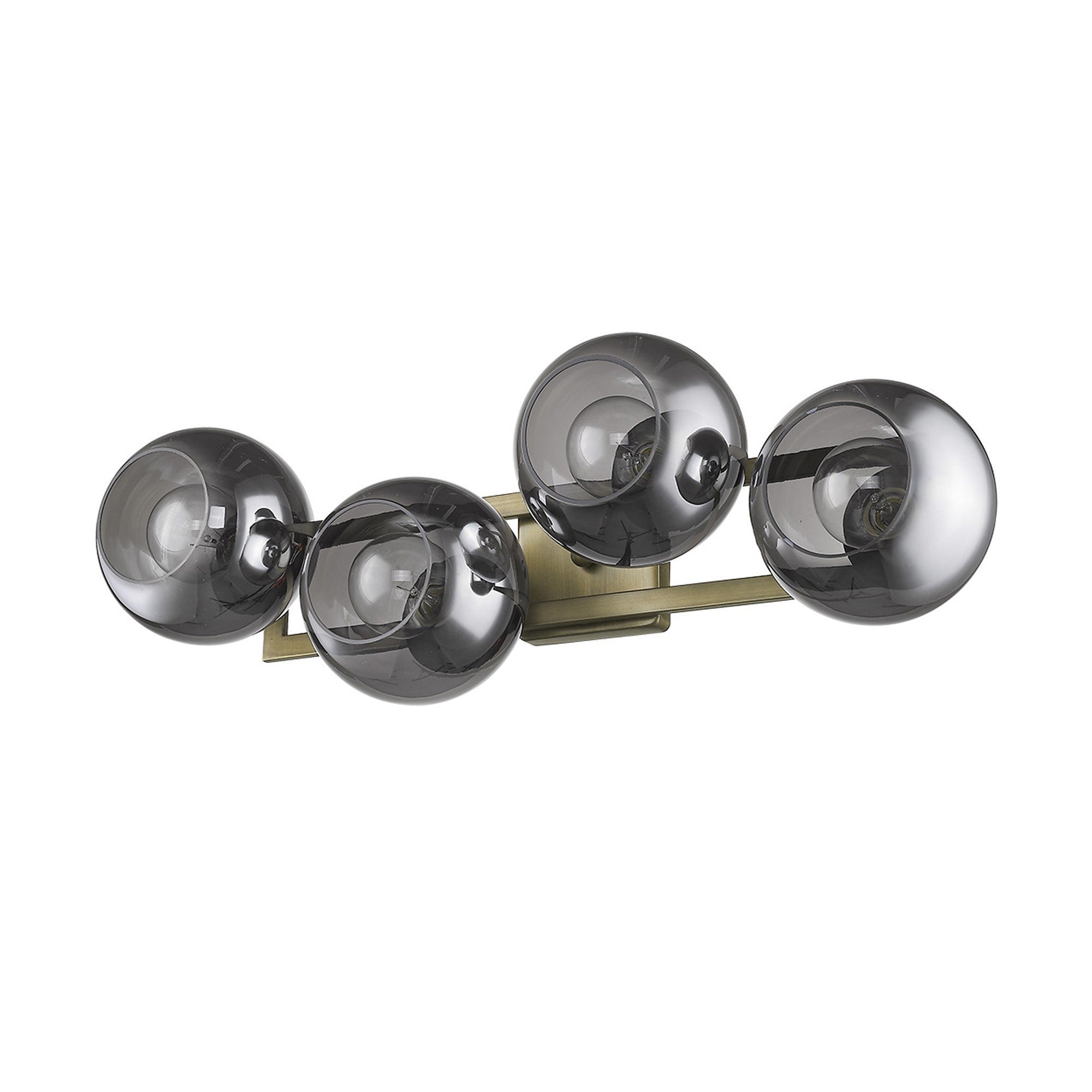 Bottom Up View of Lunette 4-Light Aged Brass Wall Sconce Modern Vanity Light with Smoked Glass Globes