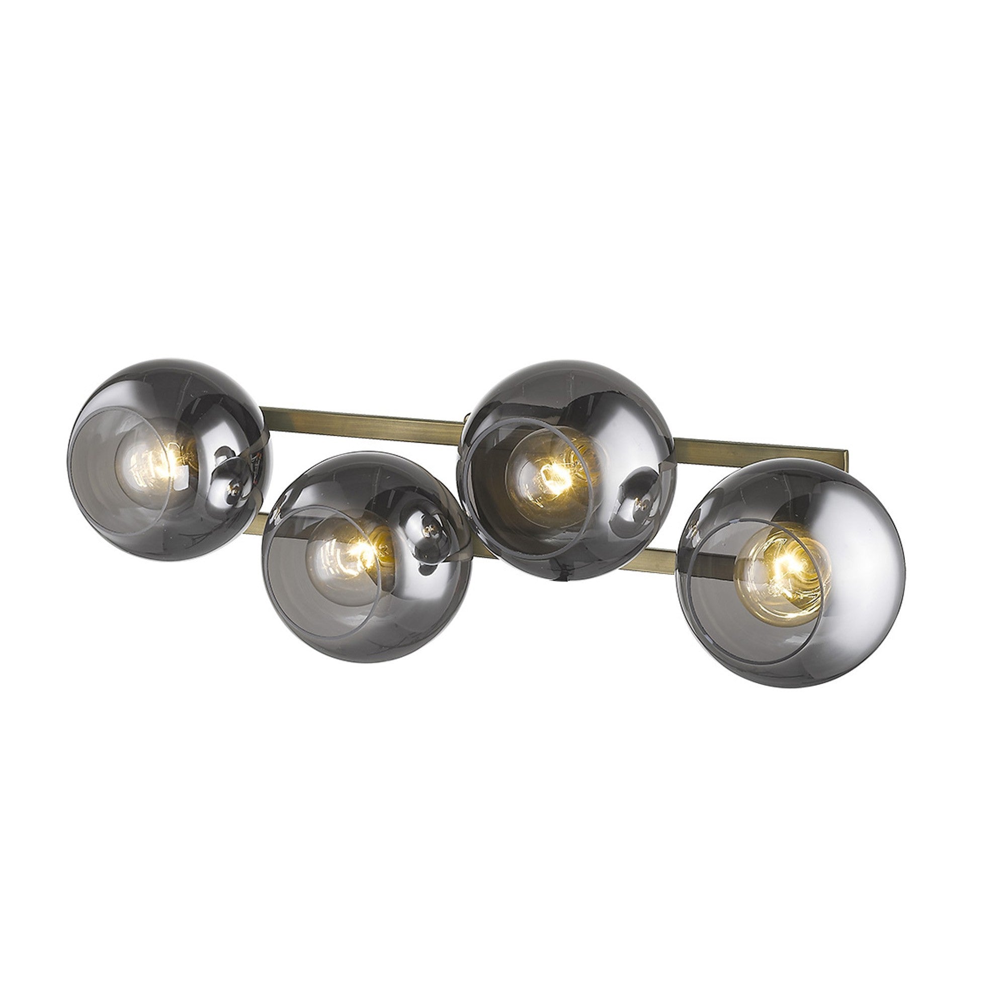 Top Down View of Lunette 4-Light Aged Brass Wall Sconce Modern Vanity Light with Smoked Glass Globes Lit