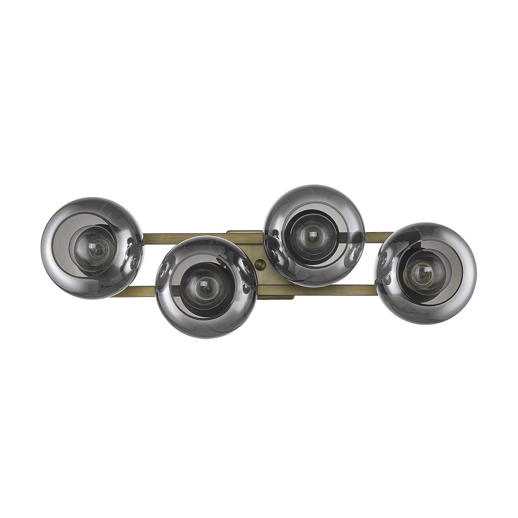 Straight On View of Lunette 4-Light Aged Brass Wall Sconce Modern Vanity Light with Smoked Glass Globes