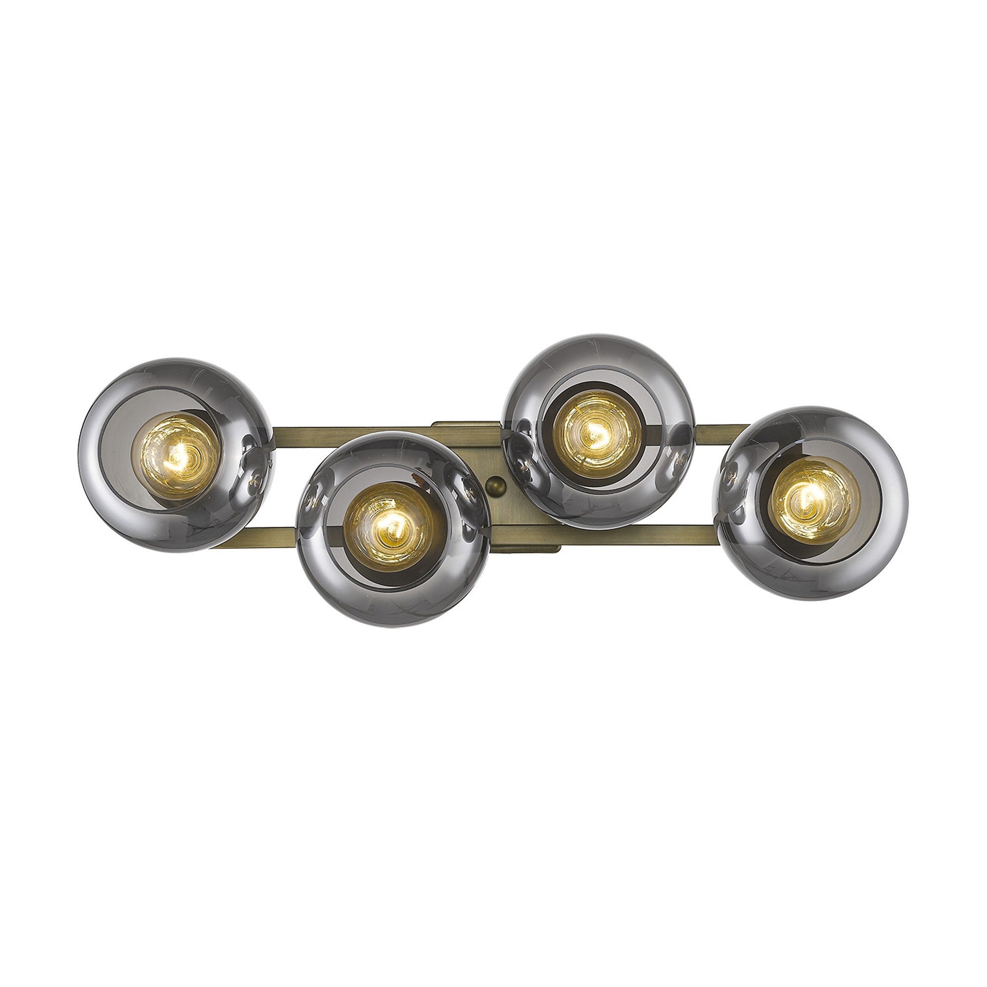 Straight On View of Lunette 4-Light Aged Brass Wall Sconce Modern Vanity Light with Smoked Glass Globes Lit