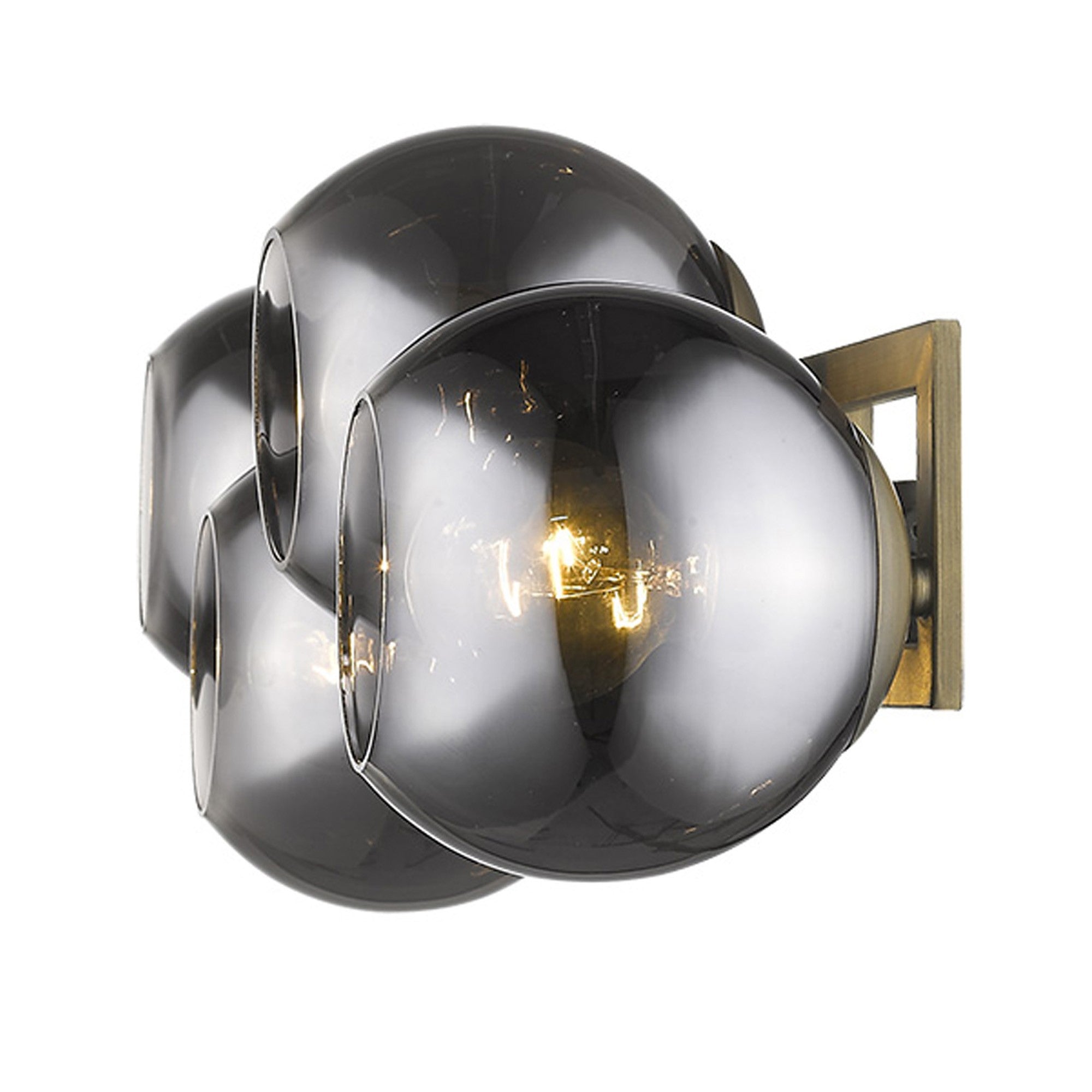 Side View of Lunette 4-Light Aged Brass Wall Sconce Modern Vanity Light with Smoked Glass Globes Lit