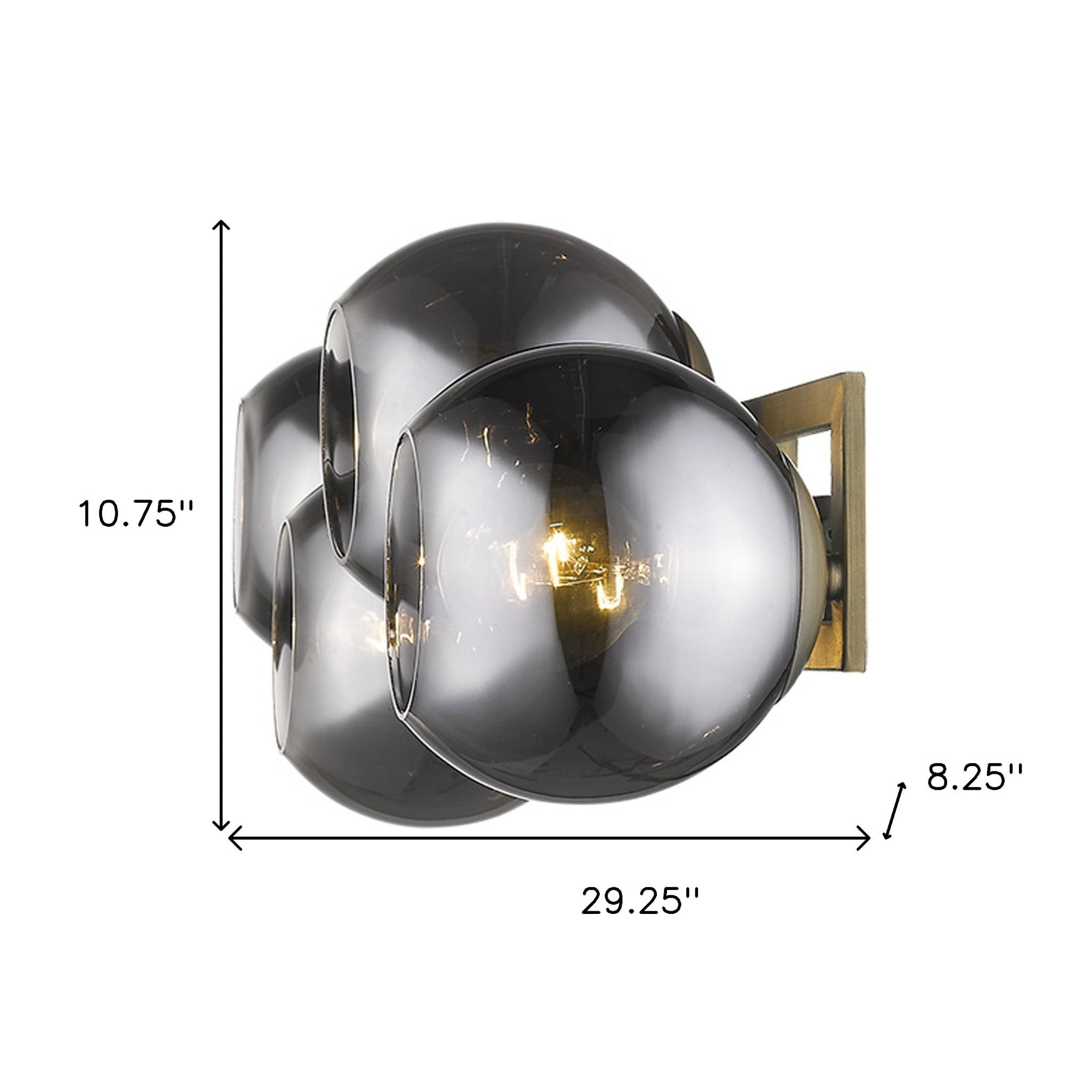 Lunette 4-Light Aged Brass Wall Sconce Modern Vanity Light with Smoked Glass Globes with Dimensions displayed