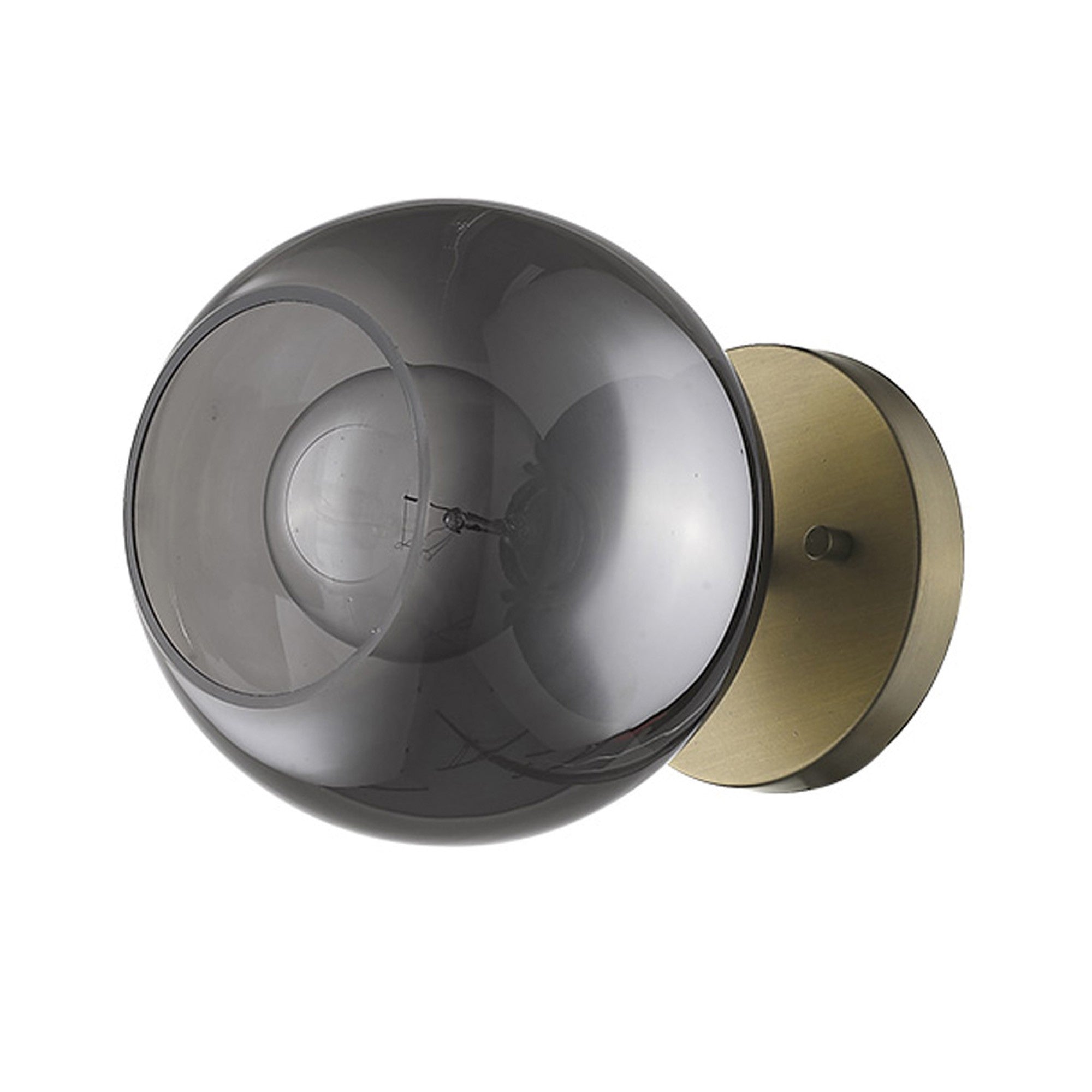 An angled view of a 7-inch wall light fixture with a gold finish and smoked glass shade, featuring a round base and a horizontal bulb holder.