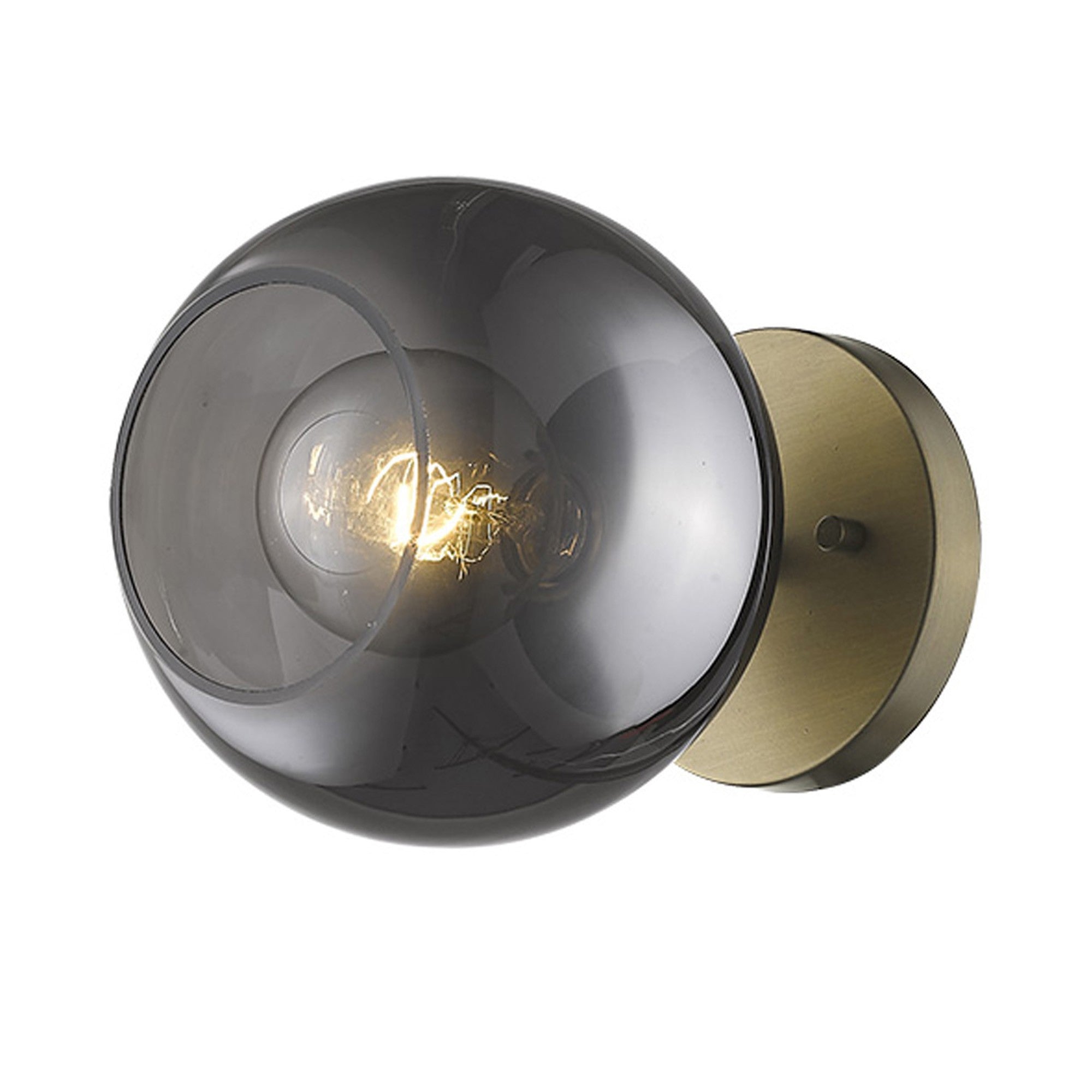 An angled view of a lighted 7-inch wall light fixture with a gold finish and smoked glass shade, featuring a round base and a horizontal bulb holder.