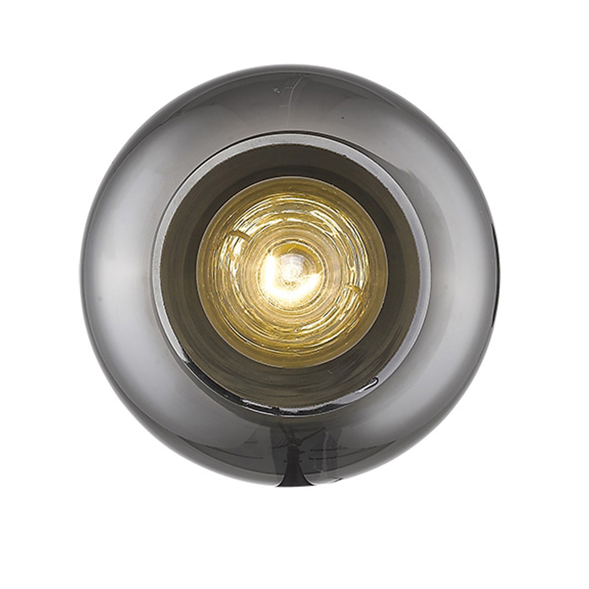 A straight on view of a lighted 7-inch wall light fixture with a gold finish and smoked glass shade, featuring a round base and a horizontal bulb holder.