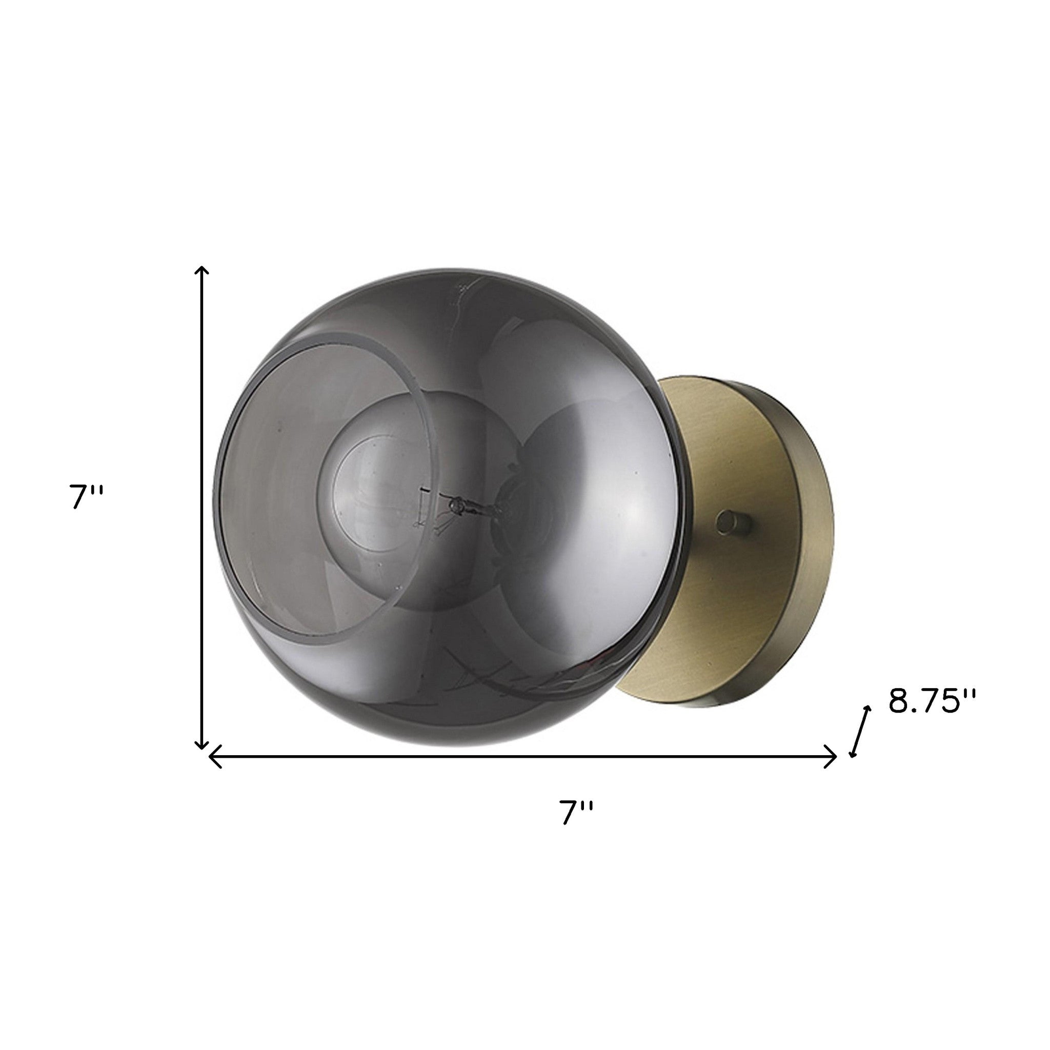 A 7-inch wall light fixture with a gold finish and smoked glass shade, featuring a round base and a horizontal bulb holder shown with dimensions