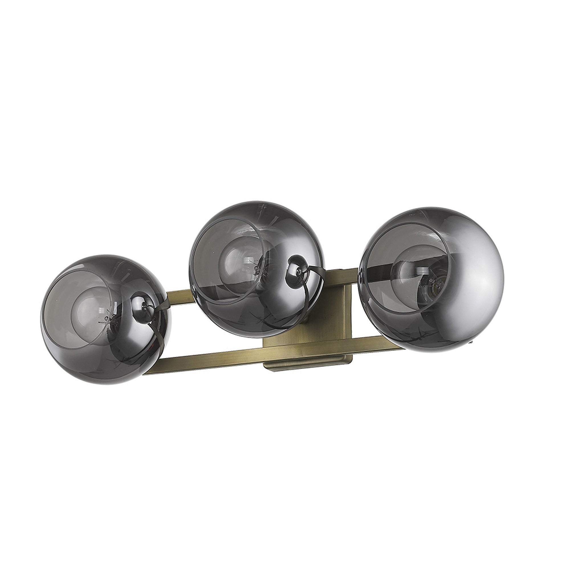 An bottom up view of an Aged brass sconce with three smoked handblown glass shades, emitting a warm light, from the Lunette collection.